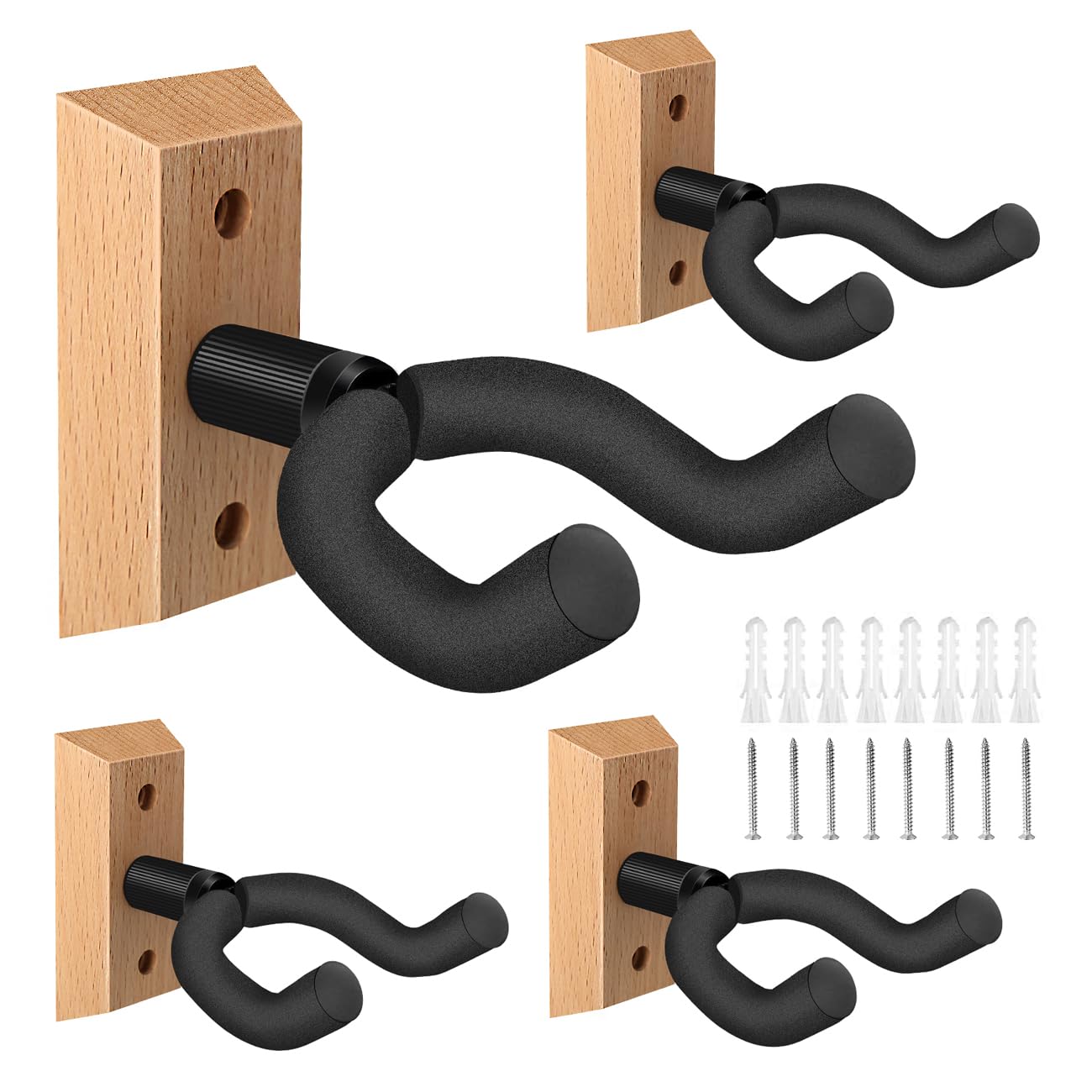 Dommi Guitar Wall Mount 4 Pack, Guitar Hanger With Rotatable Soft Hook For All Size Guitars, Hardwood U Shaped Guitar Holder Wal