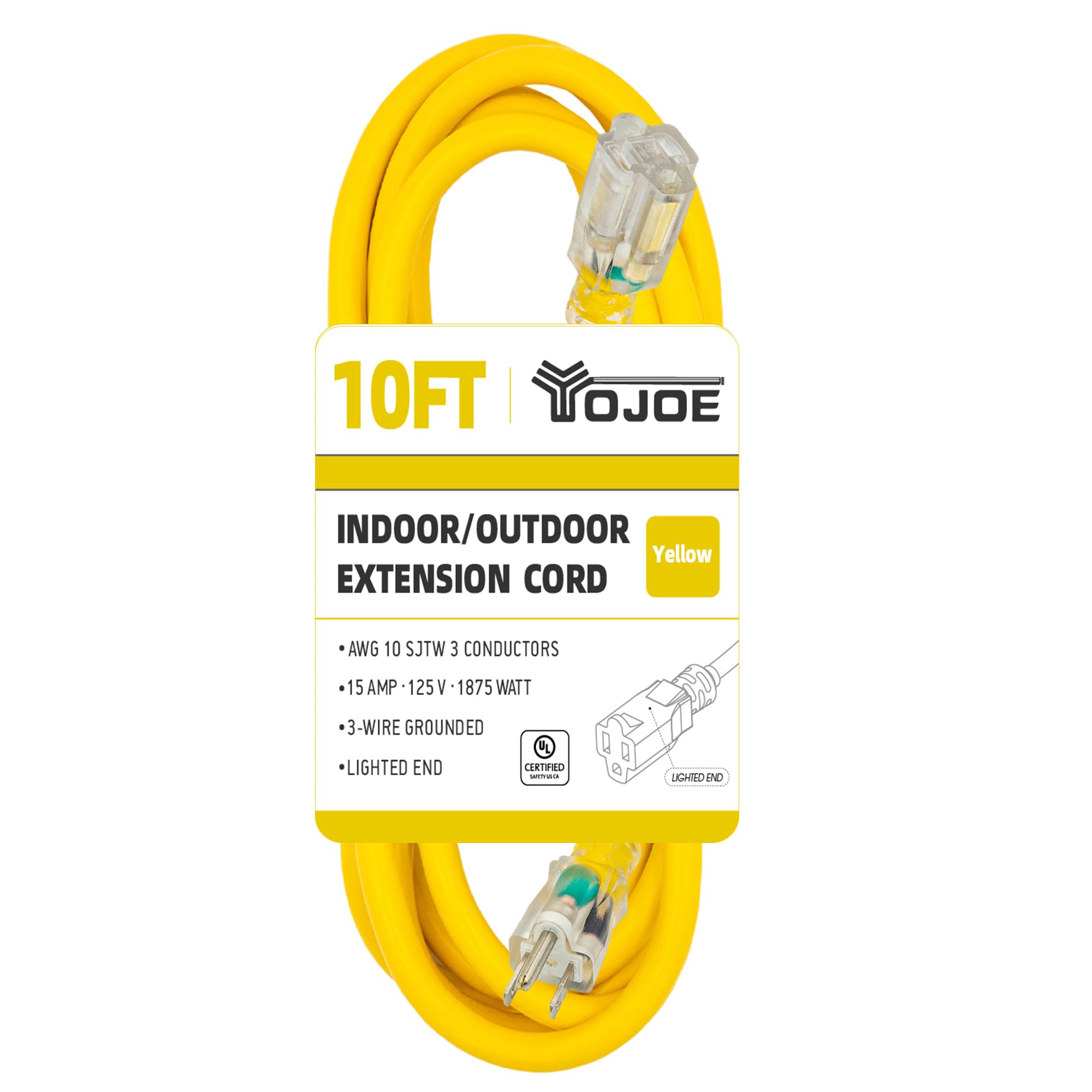 Yojoe Indoor Outdoor Extension Cord With Lighted End, 3 Prong 15A Weatherproof Power Extension Cord, 10 Gauge Heavy Duty 10 Ft Y