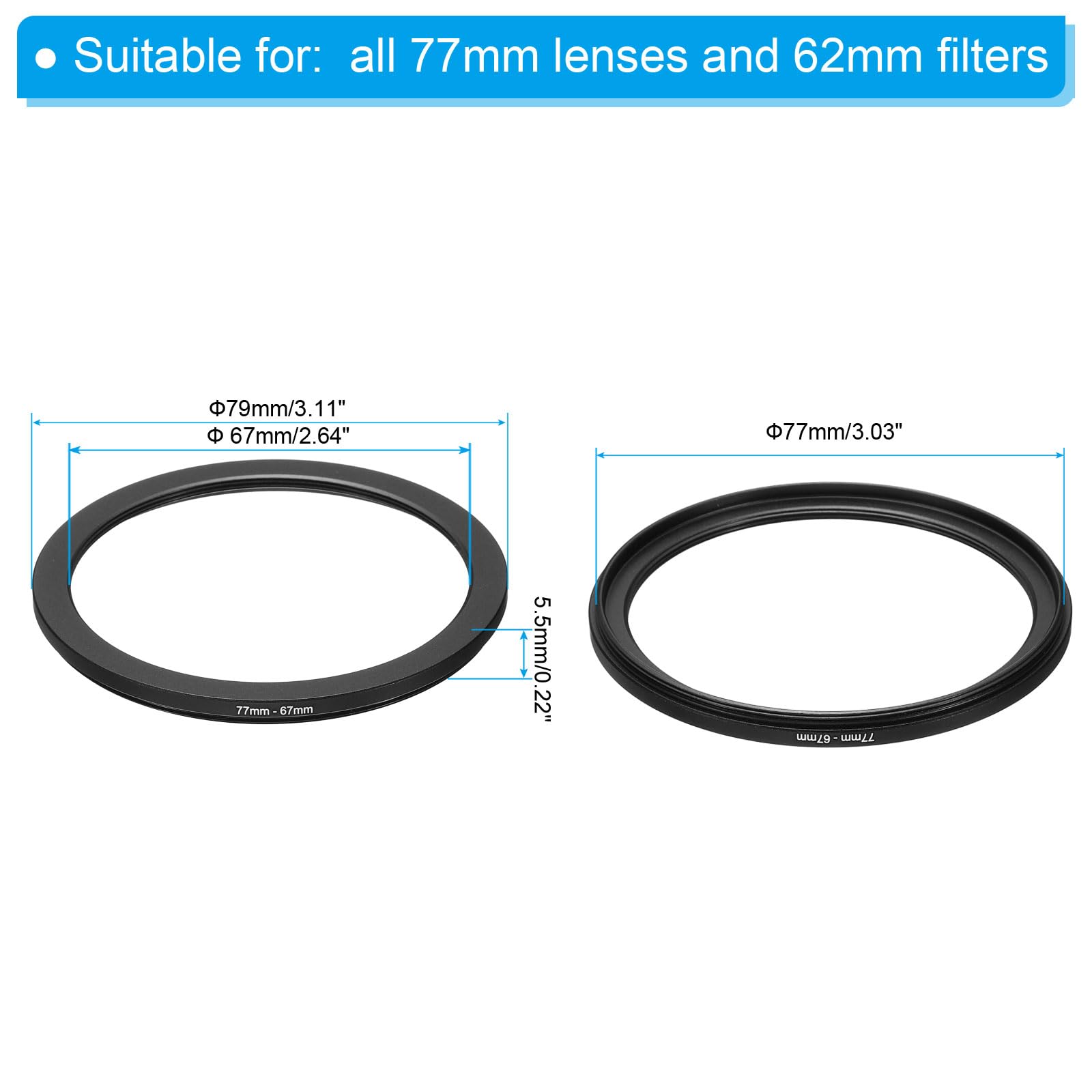 Patikil 77Mm-67Mm Metal Step Down Ring, Camera Lens Filter Adapter Ring Aluminum Filter Adapter Ring For Camera Lenses Hood, Bla