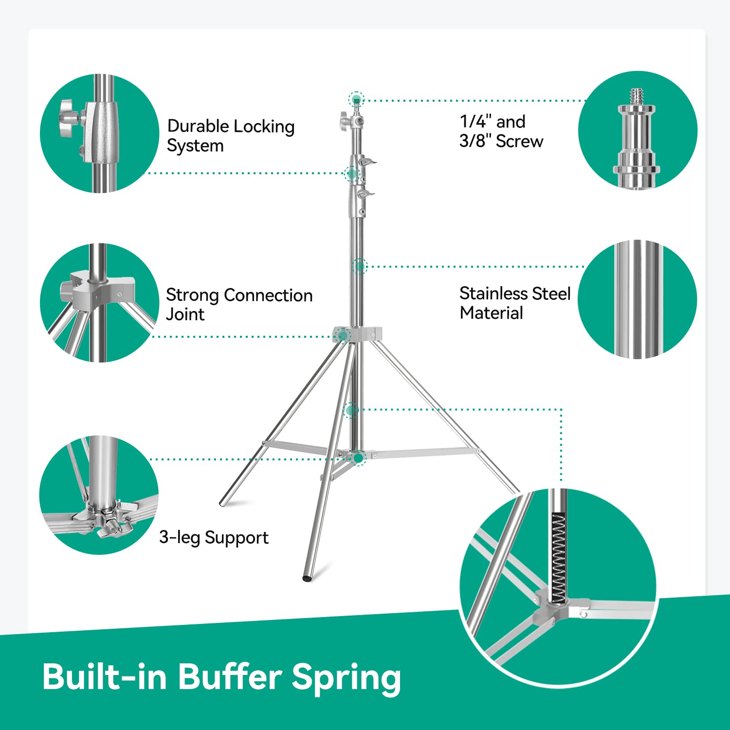 Heavy Duty Light Stand Photography: Stainless Steel   Takerers 9.2Ft/110Inch Adjustable Tripod Stands With Spring Cushioned, 1/4