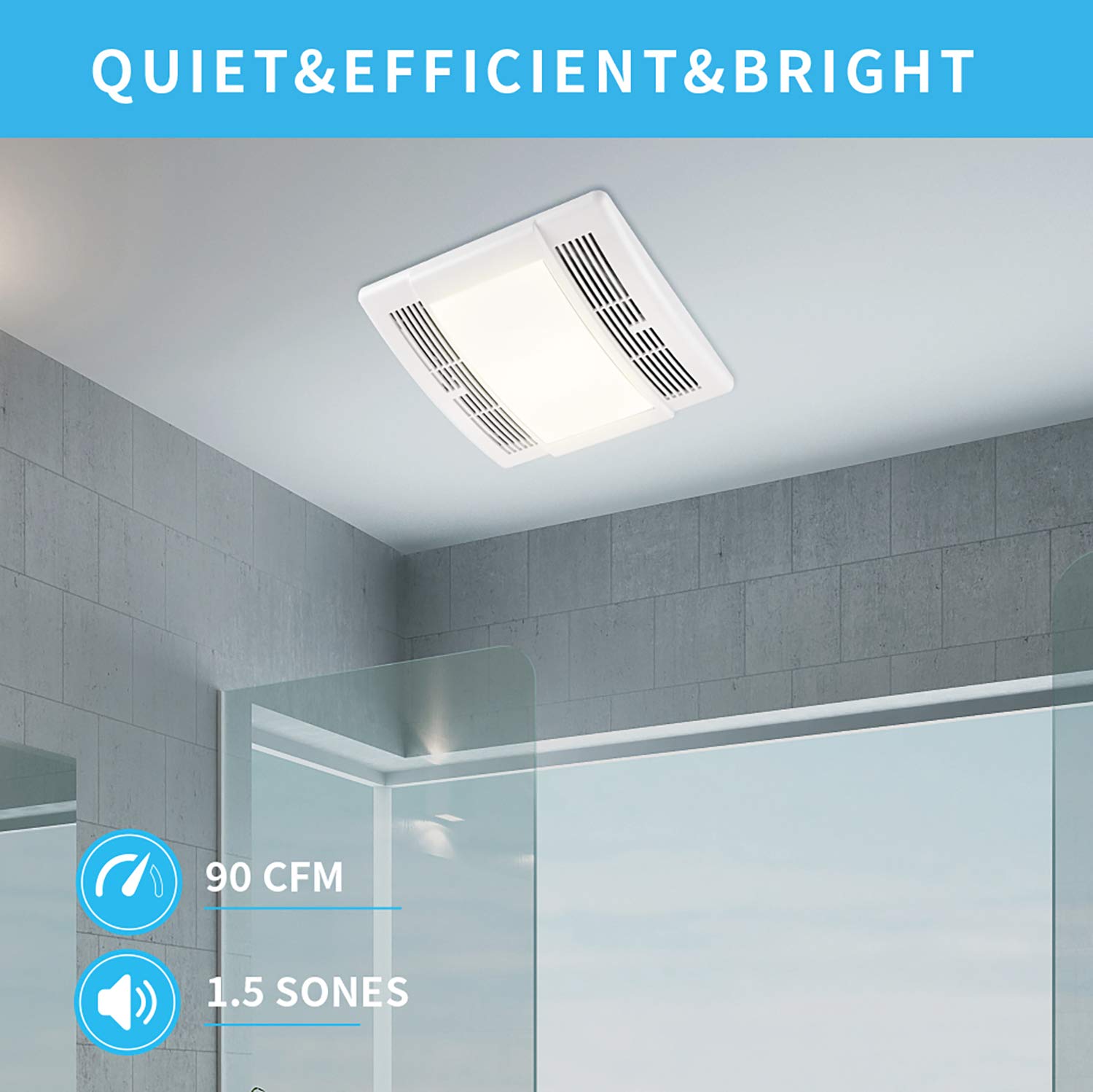 Tech Drive Bathroom Exhaust Fan With Light,Very Quiet 90 Cfm,1.5 Sone, E26 Led Blub 3000K 1100Lm,Ceiling Mounted Ventilation Fan