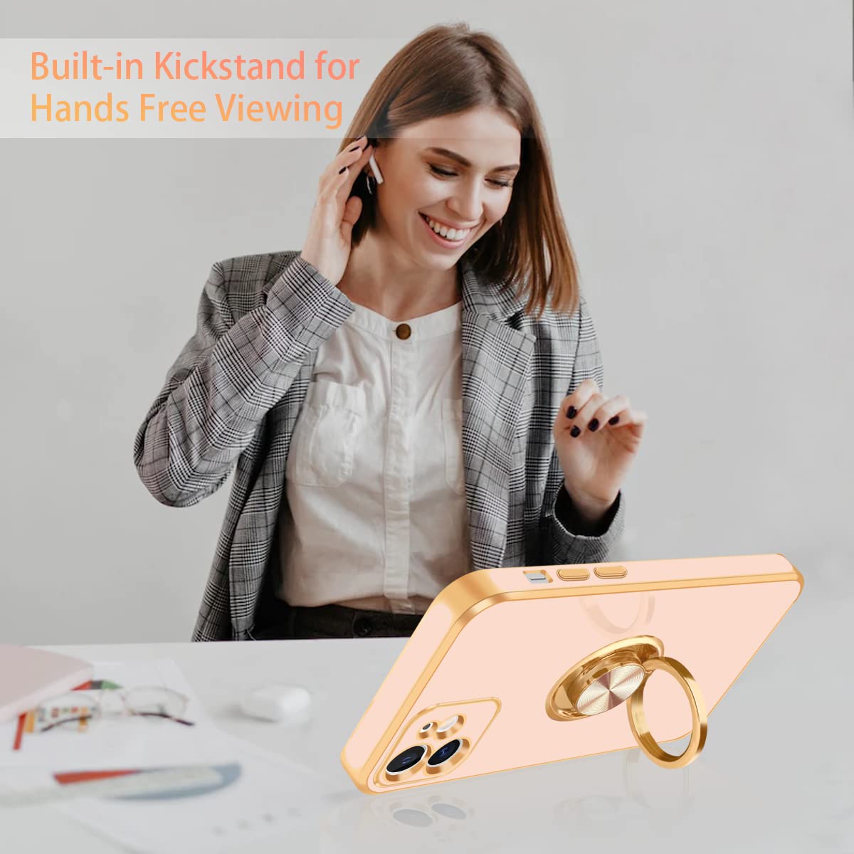 Fingic For Iphone 12 Case,For Iphone 12 Case With 360 Ring Holder Phone Case For Women Girls Slim Kickstand Magnetic Support Car