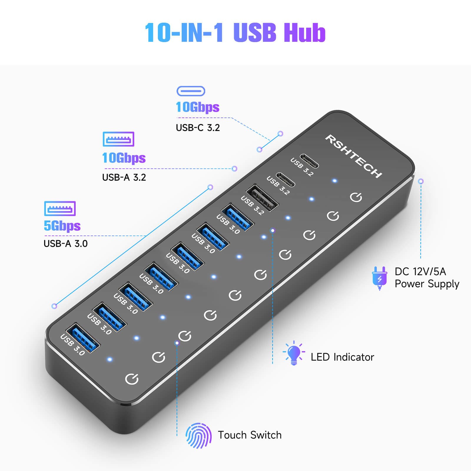 Powered Usb Hub, Rshtech 10 Port Usb 3.2/Usb C Hub 60W With 10Gbps Usb A 3.2, 2 Usb C 3.2, 7 Usb 3.0 Ports, Individual Touch Swi