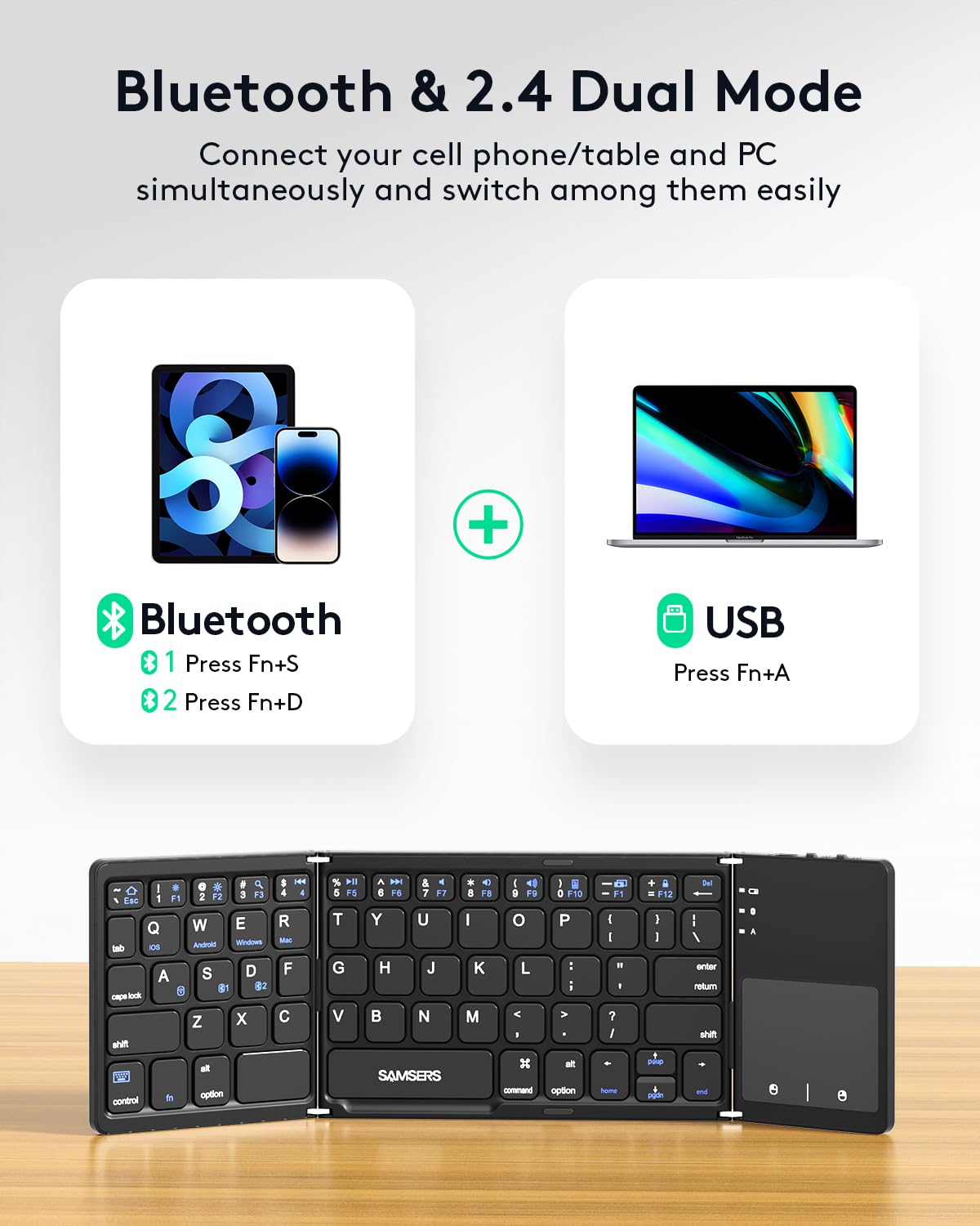 Samsers Multi Device Foldable Bluetooth Keyboard With Touchpad, Rechargeable Dual Mode(2.4G+Btx2) Wireless Keyboard With Holder,