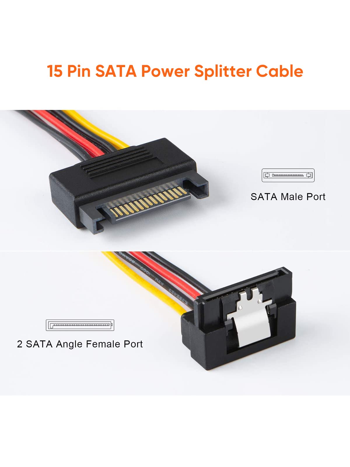 Cablecreation Sata Power Cable, [2 Pack] 6 Inch Sata 15 Pin Male To 2Xsata 15 Pin Down Angle Female Power Splitter Cable