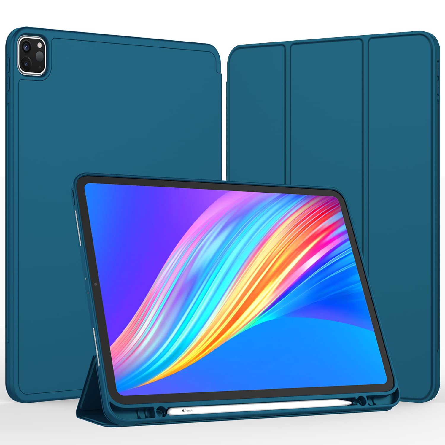 Imieet New Ipad Pro 12.9 Case 2022(6Th Gen)/2021(5Th Gen) With Pencil Holder [Support Ipad 2Nd Pencil Charging/Pair],Trifold Stand Smart Case With Soft Tpu Back,Auto Wake/Sleep(Teal)