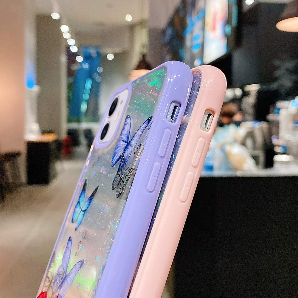 Lchulle Girly Case Compatible With Iphone 12/Iphone 12 Pro Case Cute Iridescent Butterfly Design Laser Bling Glitter Stars Girls