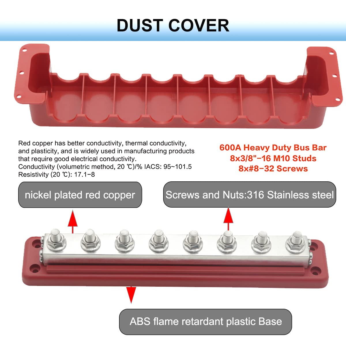 Gloaso 600A Copper Bus Bar Power Distribution Block Heavy Duty 8 X 3/8'' Posts Terminals Distributor Connecting Blocks 12V  48V