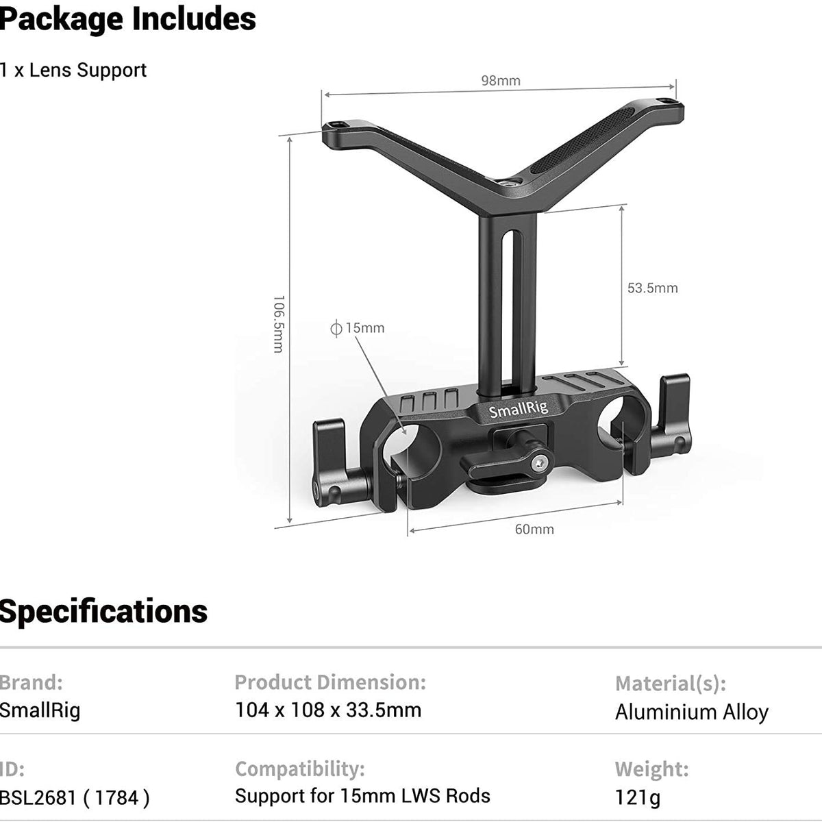 Smallrig 15Mm Long Lens Support, 53.5Mm Height Adjustable Lens Bracket ...