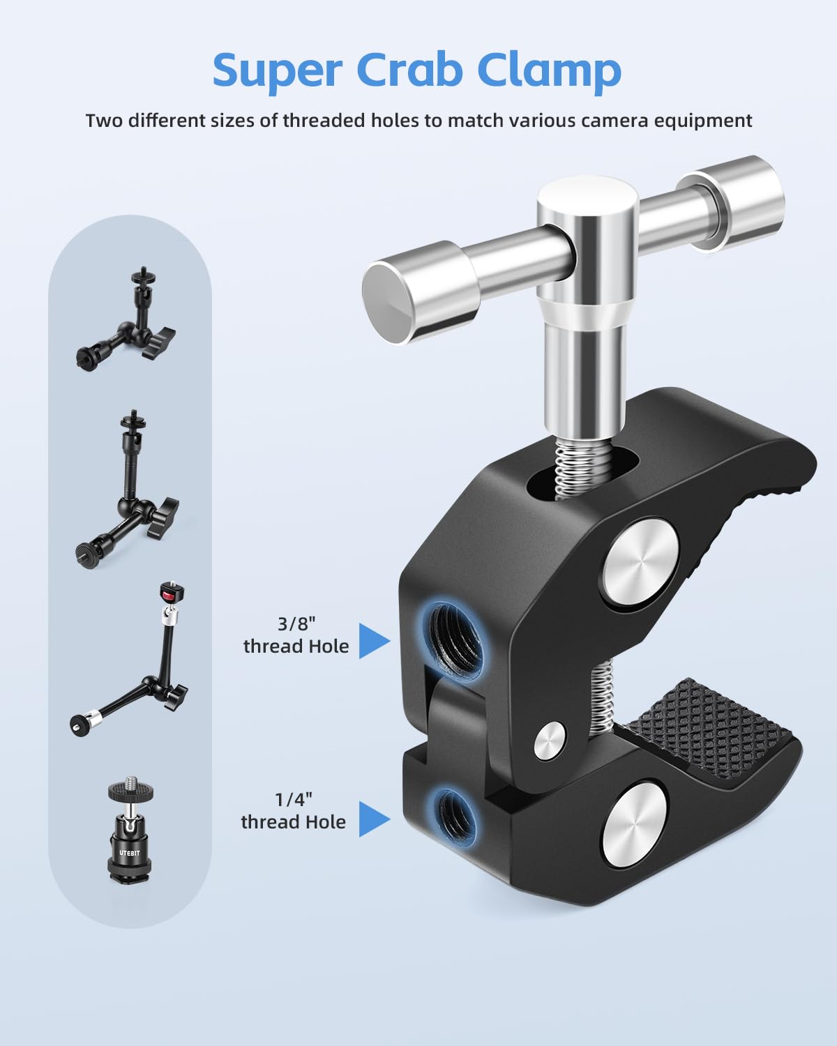 Utebit Adjustable Magic Arm With Super Clamp,9 Inch With 1/4' And 3/8' Thread,Articulating Arm Clamp Friction Power Arm Crab Screw Kit For Lcd Monitor, Led Light, Flash Light, Camera Rig
