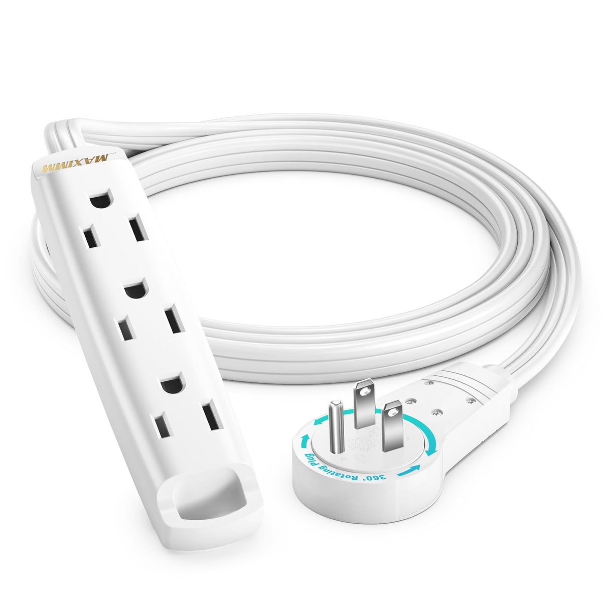 Maximm 3 Ft Black 360 Rotating Flat Plug Extension Cord With 3 Outlets On One Side, Space Saving Design For Compact Areas, Home