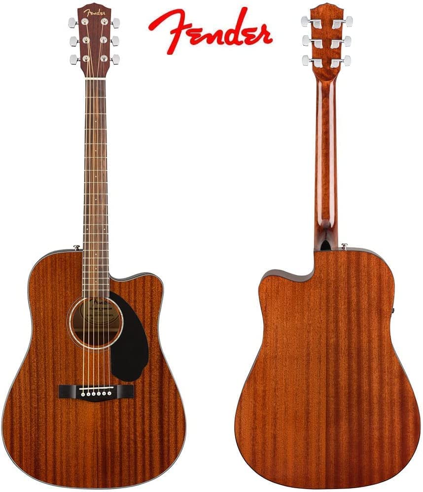 Fender Cd-60Sce Solid Top Dreadnought Acoustic-Electric Guitar - All Mahogany Bundle With Hard Case, Tuner, Instrument Cable, St