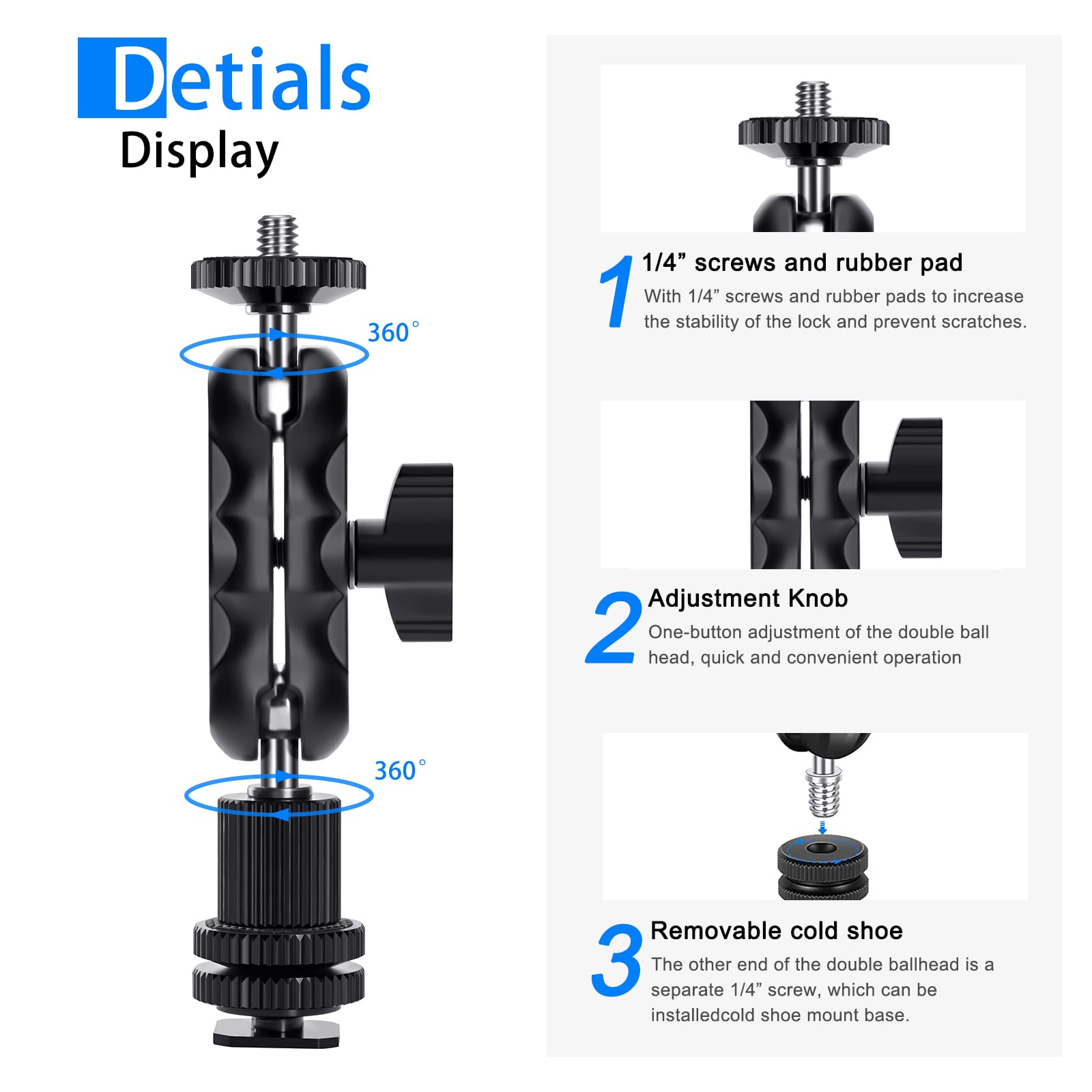 Lanxire Magic Arm Cool Ballhead Double Ball Head Adapter With 1/4 Screw And Cold Shoe Mount   2 Pack For Cameras, Camcorders, Mo