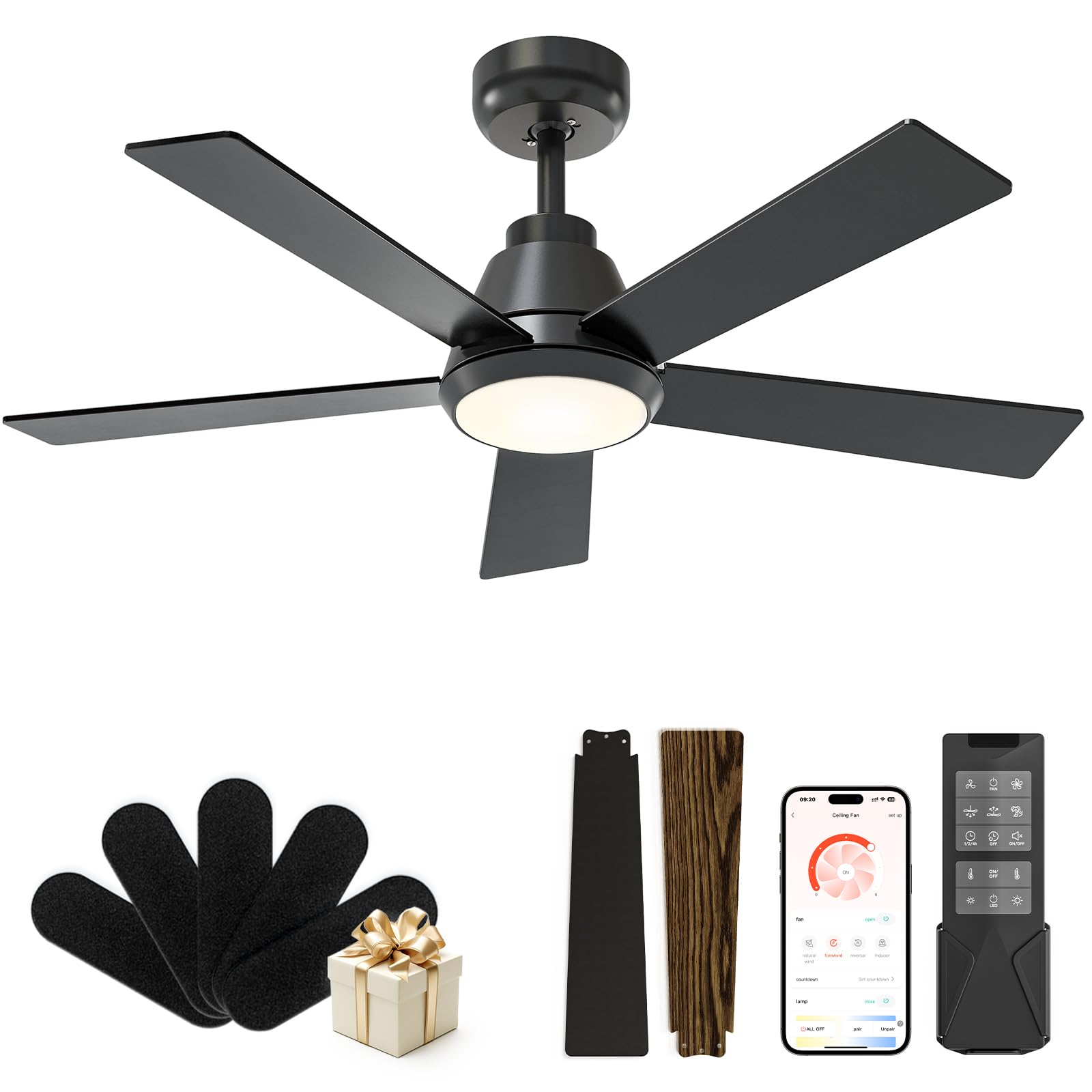 CubiCubi Ceiling Fan, 42 Black Ceiling Fans with Lights and Remote/APP Control, Quiet, 3000-6500K Dimmable, Modern Ceiling Fan w