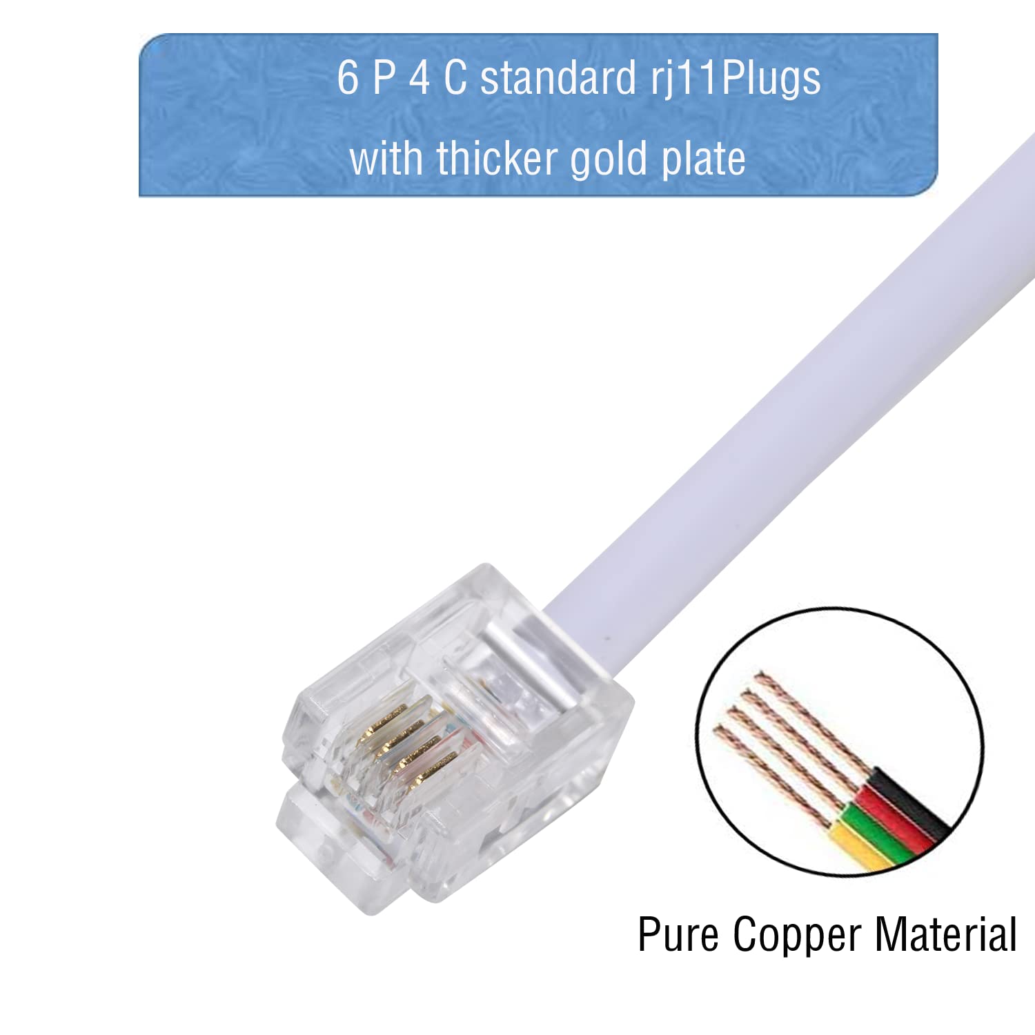 Lansensu Telephone Landline Extension Cord Cable Cord With Standard Rj 11 6P4C Plug (50Ft White, White)