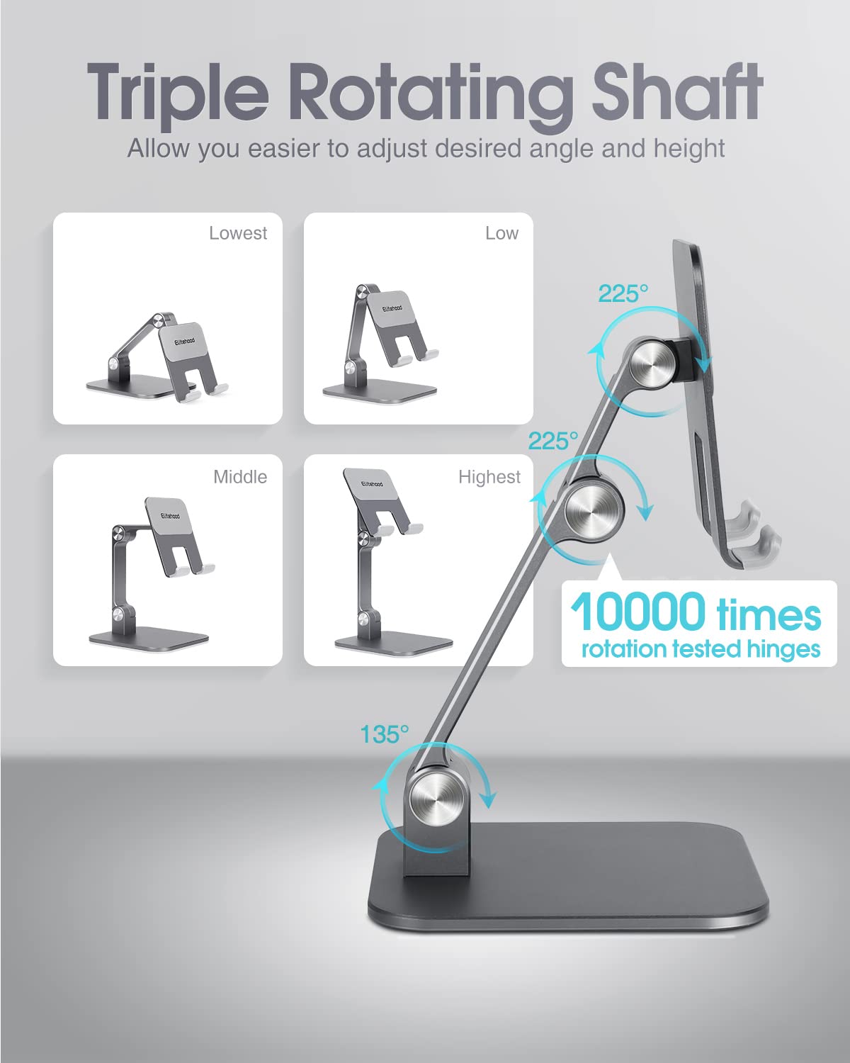 Elitehood Aluminum Ipad Stand, Adjustable Ipad Stand Holder For Desk, Desktop Tablet Stand Dock For Ipad Pro 12.9 11, Ipad Air Mini 4 5 And More 4 13 Inches Tablets, Gray