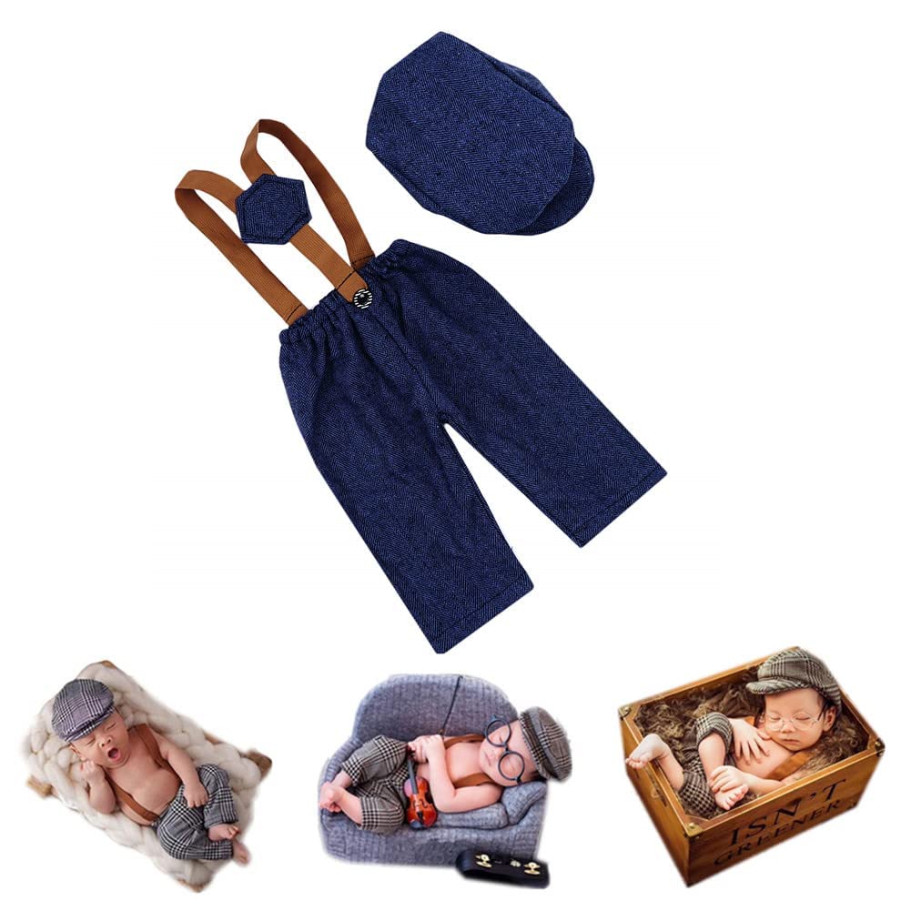 Coberllus Newborn Monthly Baby Photo Props Stripe Checked Fabric Flat Cap Newsboy Cap & Suspender Pants Romper For Photography O