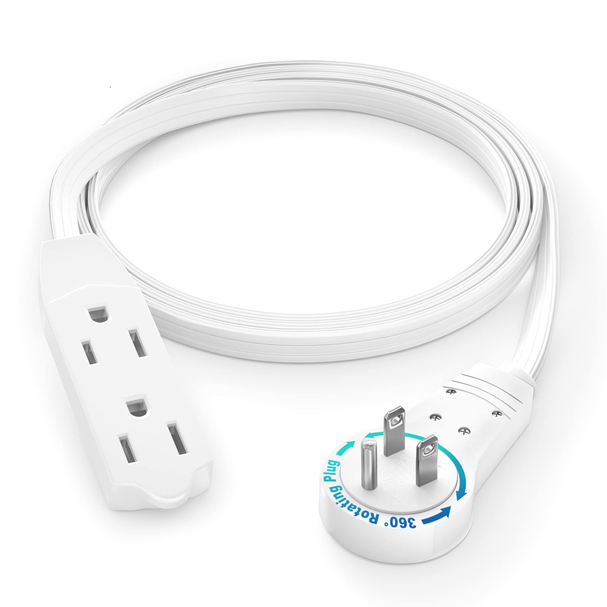 Maximm Cable 3 Ft 360� Rotating Flat Plug Extension Cord/Wire, 16 Awg Multi 3 Outlet Extension Wire, 3 Prong Grounded Wire   White   Ul Certified