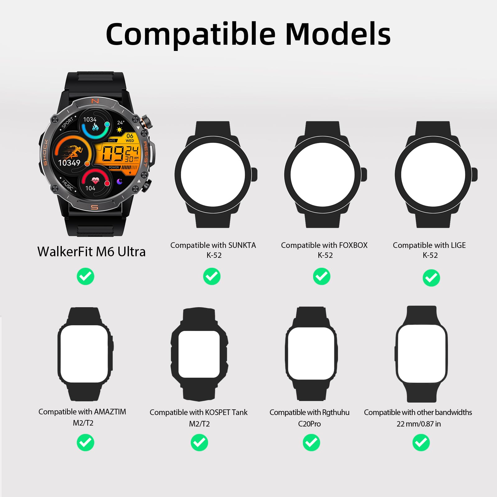 Smart Watch Band 22Mm 2 Pack, For Amaztim Smart Watch Bands Replacement M2/T2, For Carbinox Vortex, Compatible With Sunkta K-52,