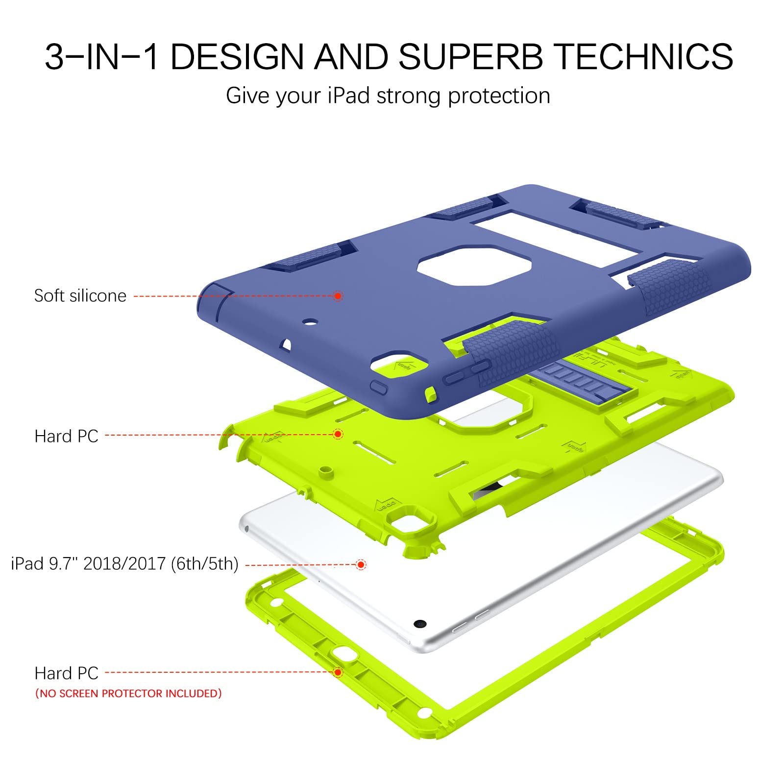 Bentoben For Ipad 6Th Generation Case, Ipad 5Th Generation Case, Ipad 9.7 2018/2017 Case, 3 In 1 Heavy Duty Rugged Shockproof Ki