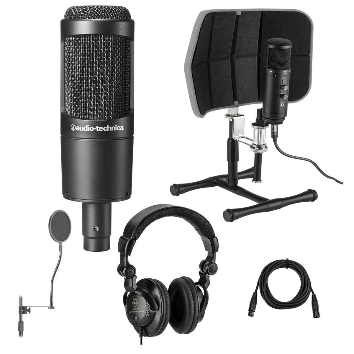 Audio-Technica AT2035 Cardioid Condenser Side-Address Microphone, Bundle With Desktop Isolation Filter (Gray), H&A Studio Monito
