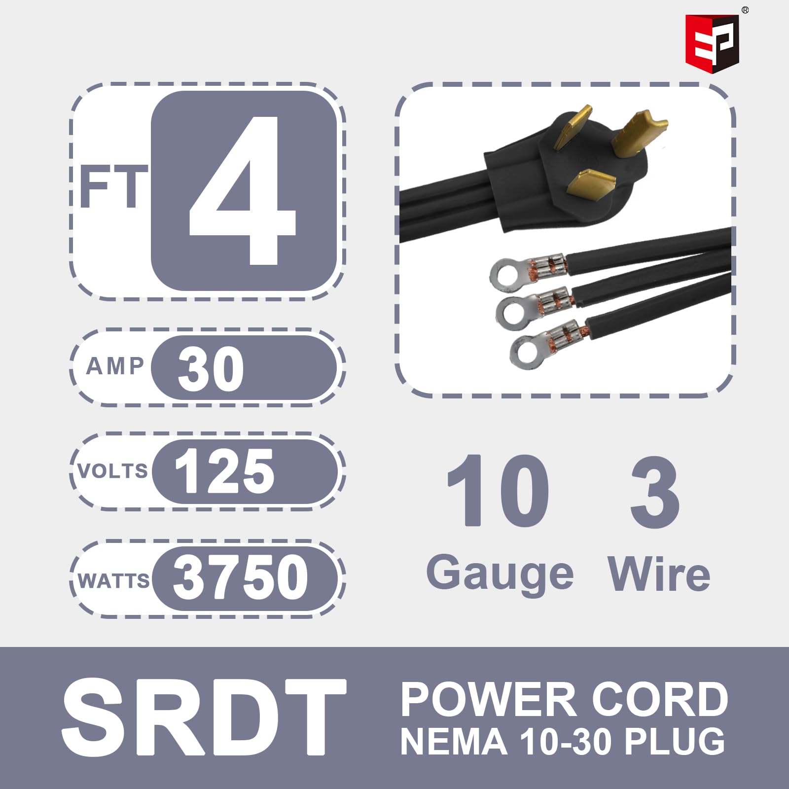 Ep 3 Prong Dryer Cord, 4 Ft 10/3 Srdt, 30Amp Appliance Extension Power Cord, Nema 14 30, Black