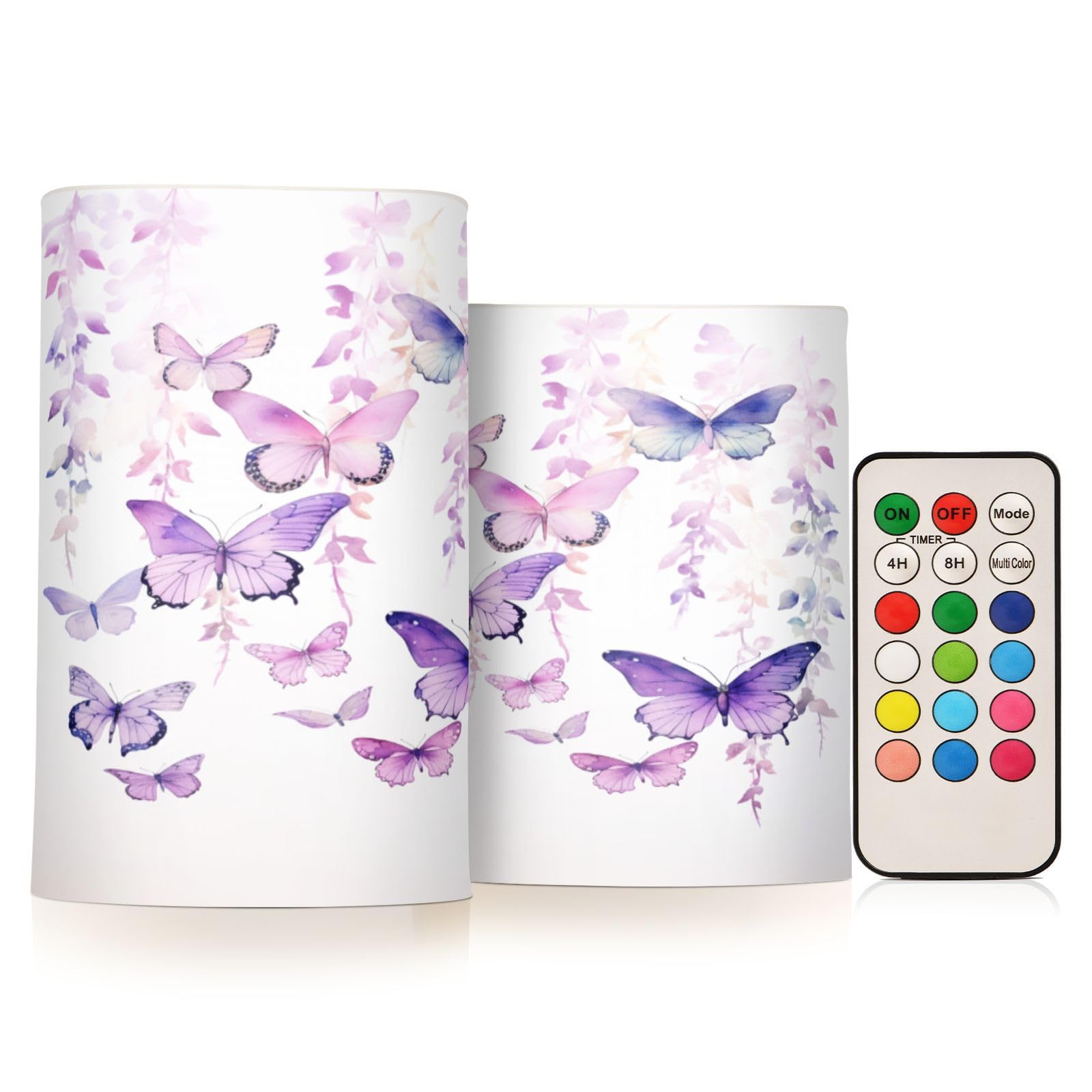 BOENLE Flickering Flameless Candles, Butterflies Purple LED Candles with Remote Timer, Set of 2 Battery Operated Candle for Vale