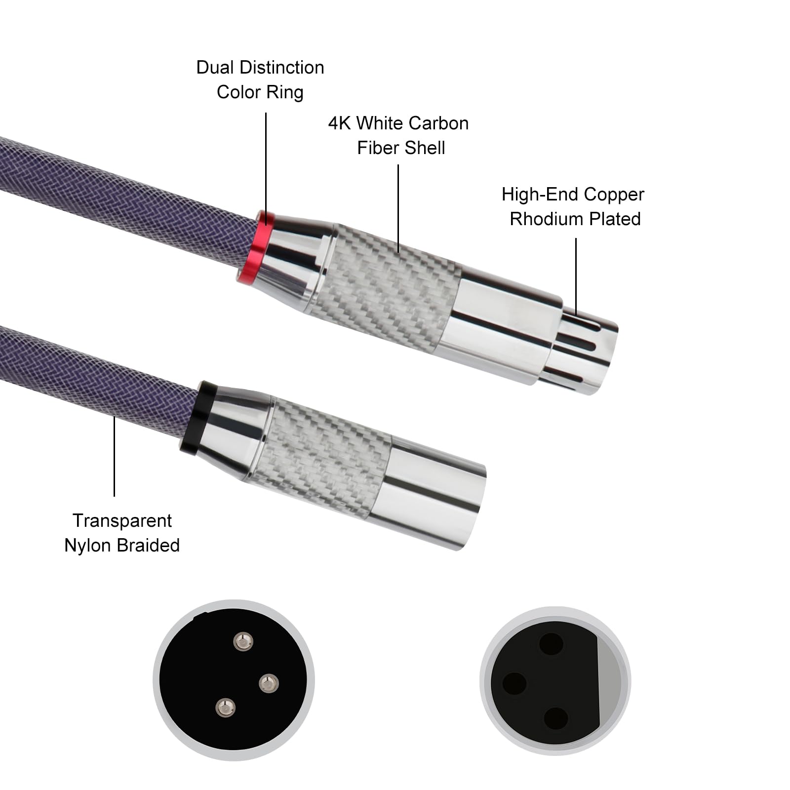 Preffair 1 Pair Audiophile 4N Ofc Pure Copper Hifi Microphone Cable, Fully Balanced 3 Pin Xlr Patch Cable, Carbon Fiber Rhodium