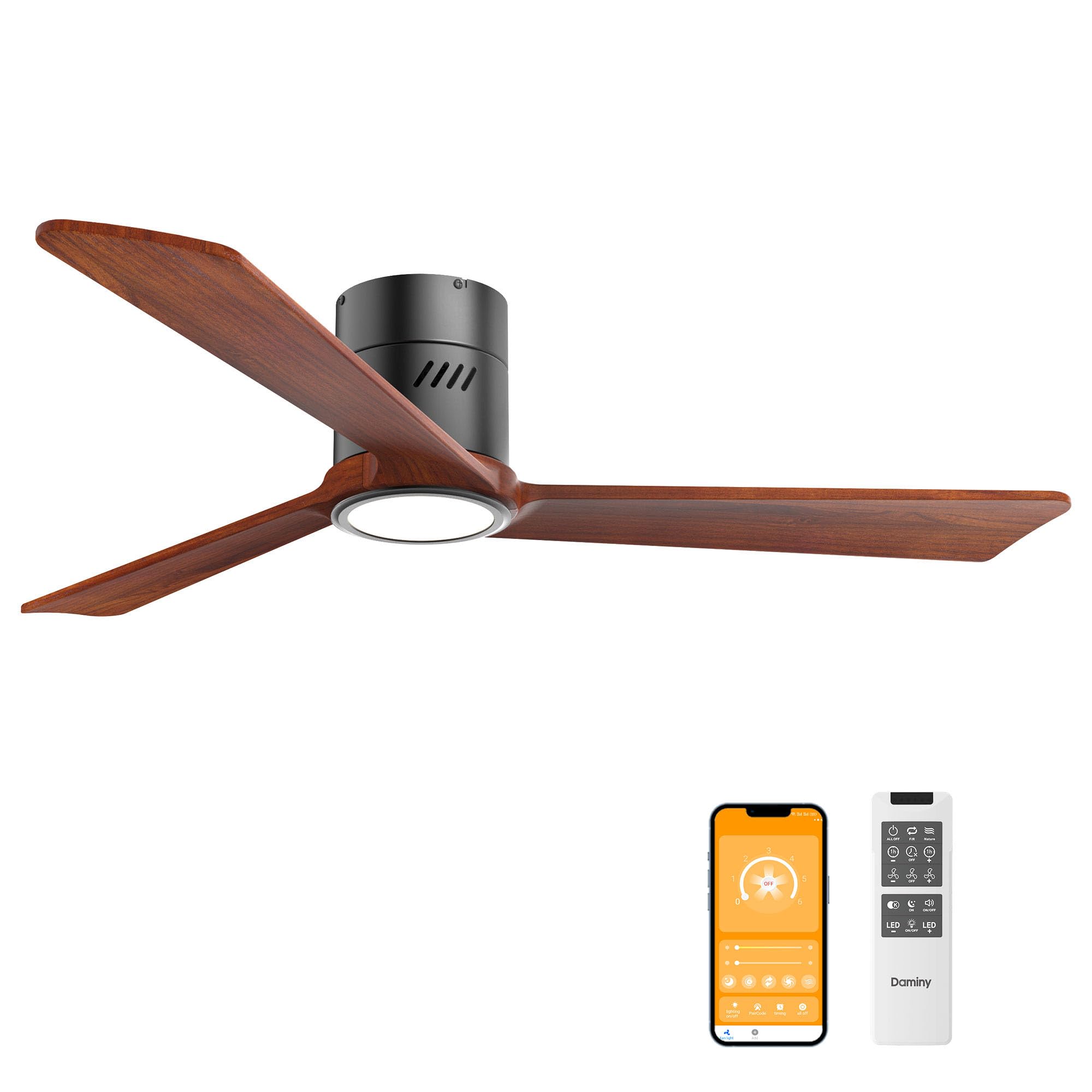 DAMINY Natural Solid Wood 52 inch Ceiling Fan with Light,3 Blades,6CCT,Black Low Profile Ceiling Fan with Light and Remote Contr