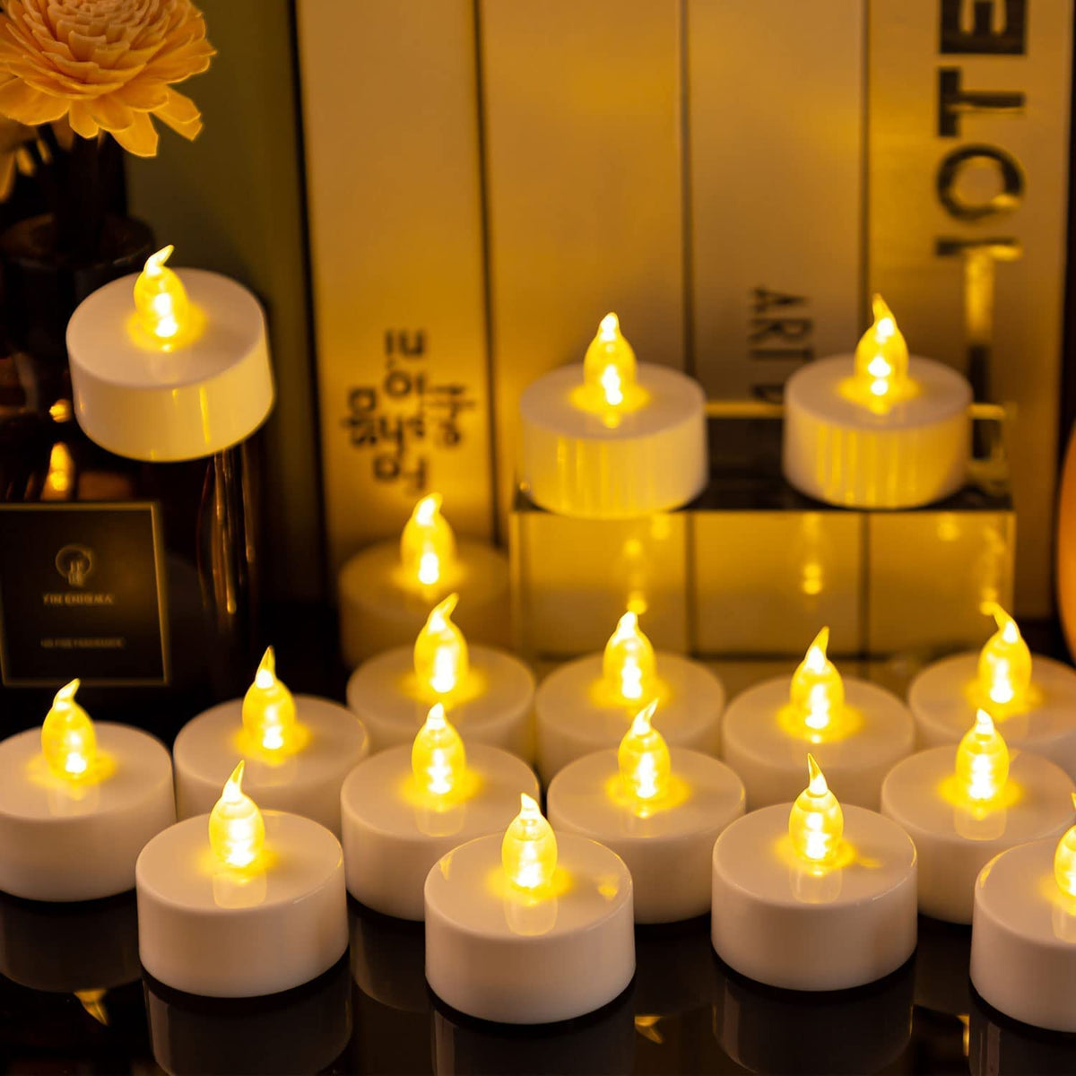 Nancia Tea Lights, 50Pack Flameless Led Tea Lights Candles, Flickering Warm Yellow, 200 Hours Battery-Powered Tea Light, Ideal P
