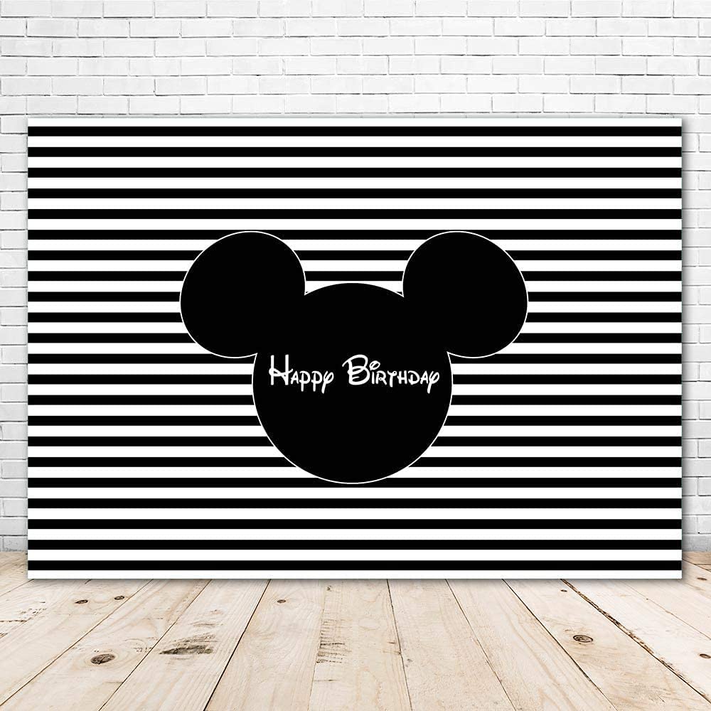 Mickey Mouse Backdrop Happy Birthday 7X5 Black And White Mickey Mouse Ears Background For Boy First Birthday Party Classic Micke