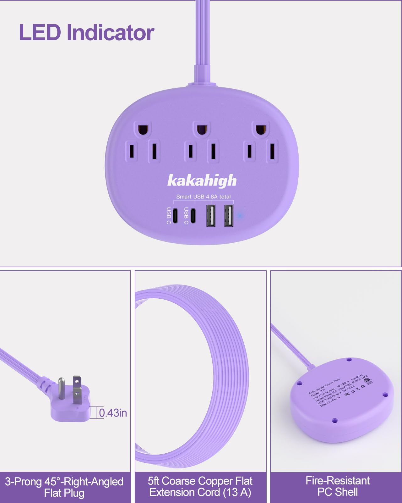Purple Extension Cord With Surge Protected 1080J   5 Ft Flat Extension Cord, 1625W Cute Extension Cord With 3 Ac Outlet 4 Usb (2
