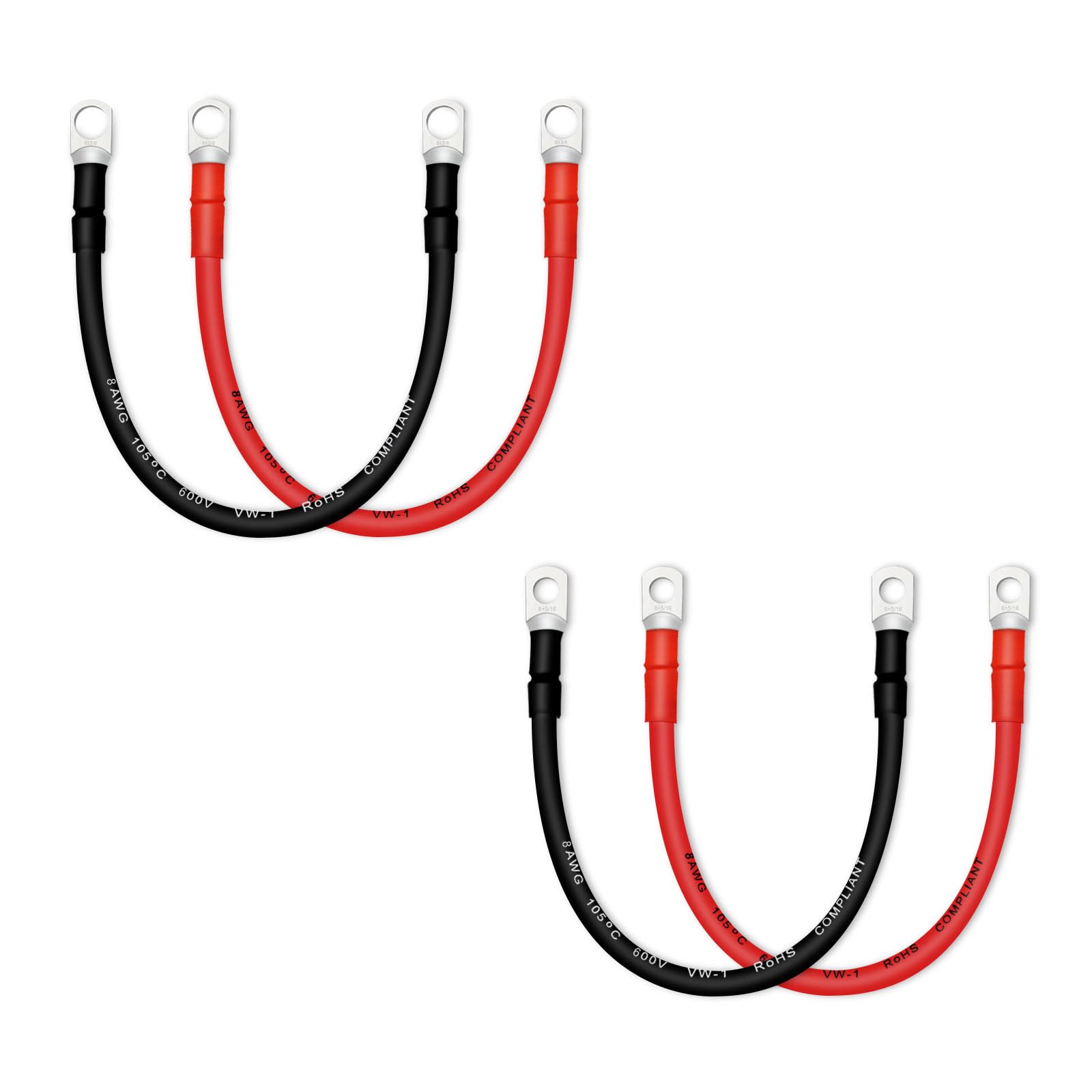 QIATOL Copper Battery Cables with Terminals, 4PCS (1FT), 8 AWG, PVC Insulated, Automotive, Outdoor, Solar, Marine