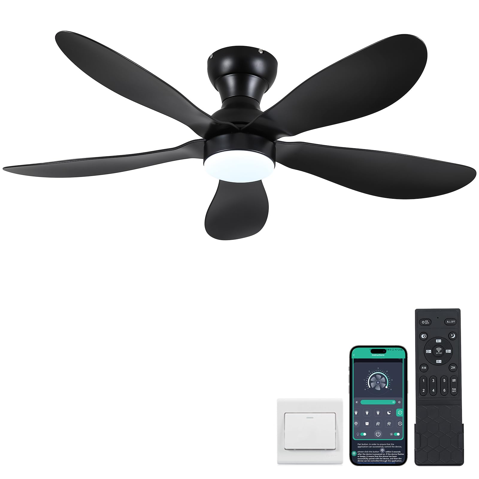 Kviflon 44 Inch Ceiling Fans With Lights, Modern Flush Mount Ceiling Fans With Remote/App Control, Low Profile Ceiling Fans With