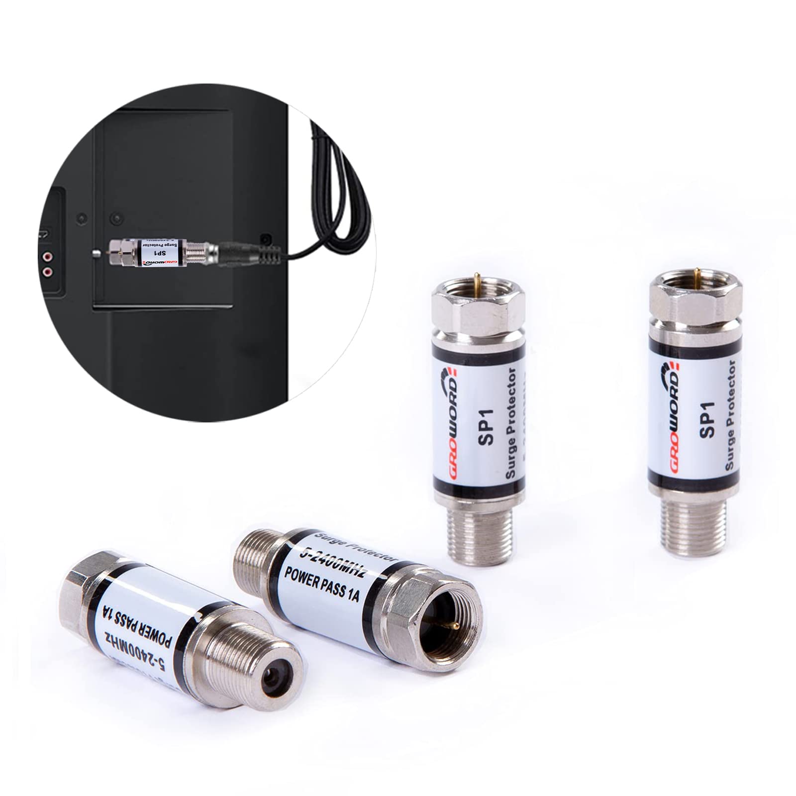 Groword 4 Pcs Coaxial Surge Lightning Protector/Surge Suppressor  For Protector Satellite In Line, Cable Box, Distribution Ampli