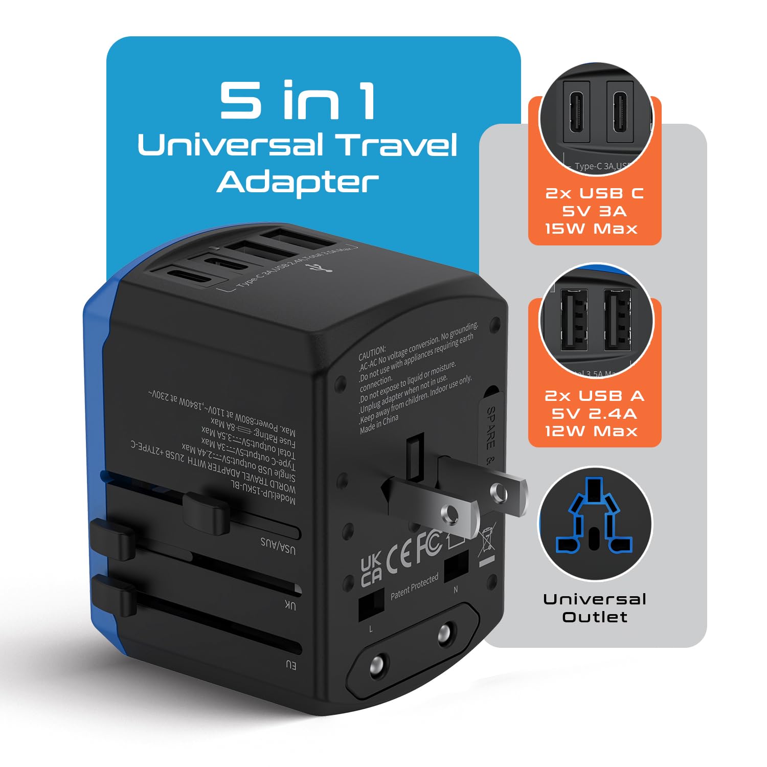 Ceptics Universal Travel Adapter, 5 In 1 Universal Laptop Charger With 2X Usb A & Usb C 3.5A For Mobiles, Laptops, Cameras Us, U