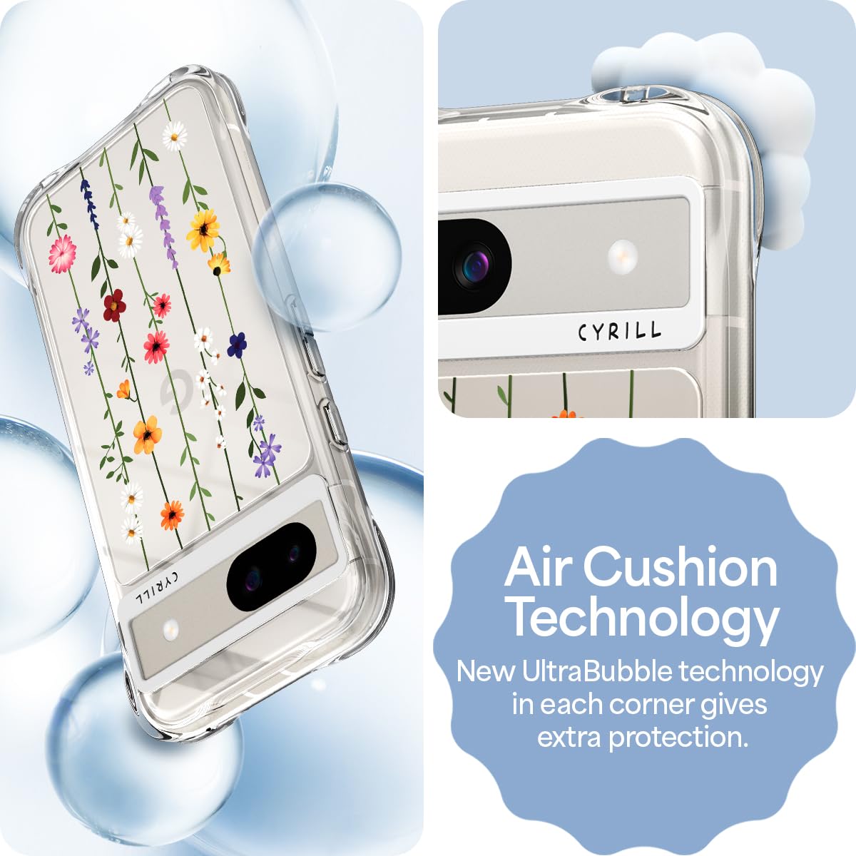 Cyrill Cecile Compatible With Google Pixel 8A Case Clear, Flower Floral Design Cute, Shock Absorbent Corner Bumpers Protective P