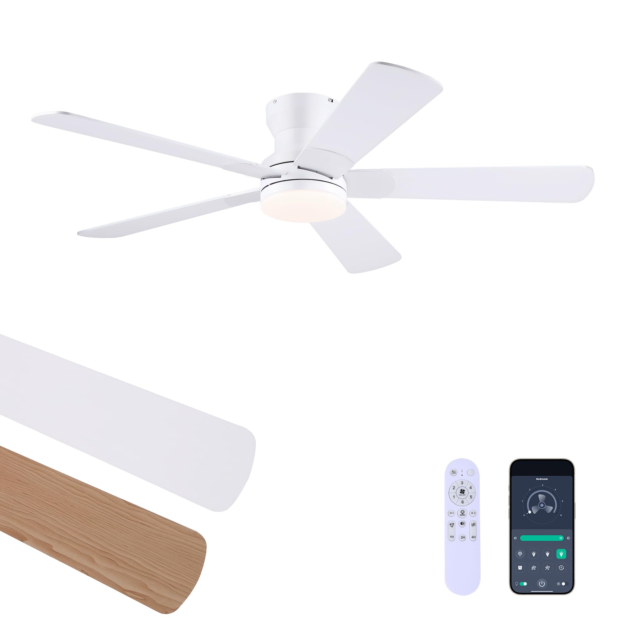 Ayaoty 52 White Ceiling Fans with Lights and Remote/APP - Flush Mount Low Profile Ceiling Fan with 5 Reversible Dual-Sided Blade
