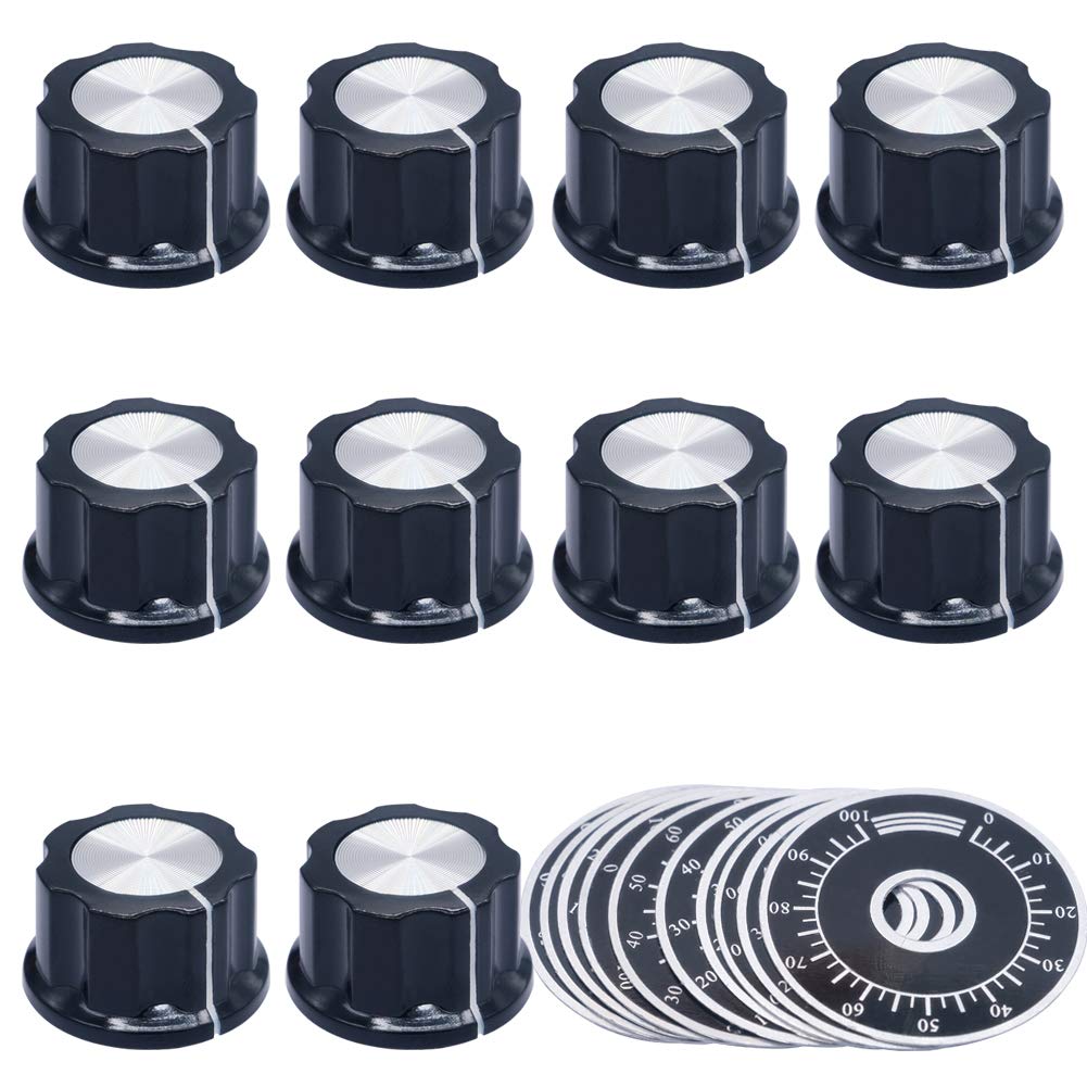 Mxuteuk 10Pcs Black Potentiometer Control Knob Volume Audio Electric Guitar Bass Screw Type 26 X 15Mm (D*H) + 10Pcs 0 100 Scale