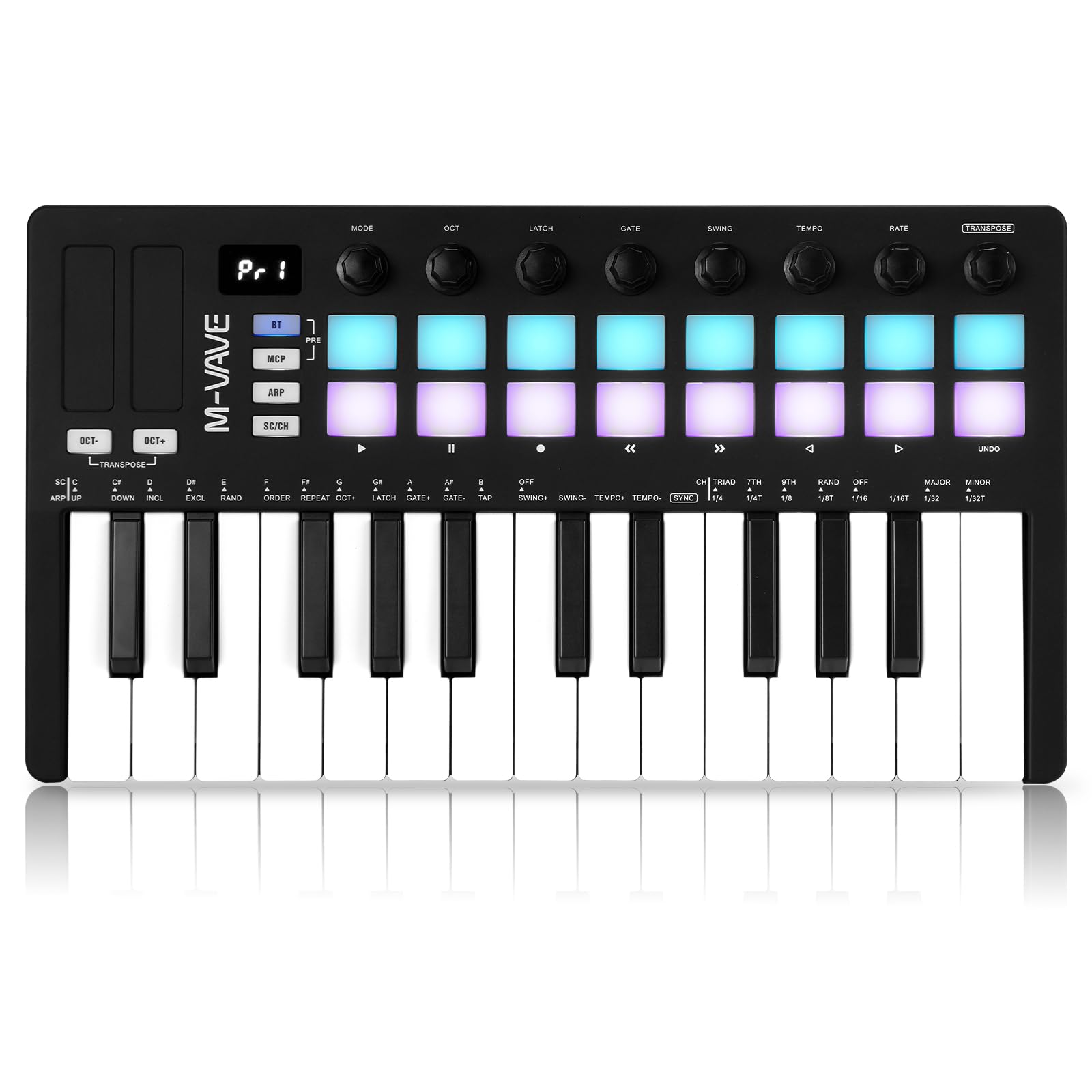 M Wave 25 Key Usb Midi Keyboard Controller With 16 Backlit Drum Pads, Bluetooth Semi Weighted Professional Dynamic Keybed 8 Knob