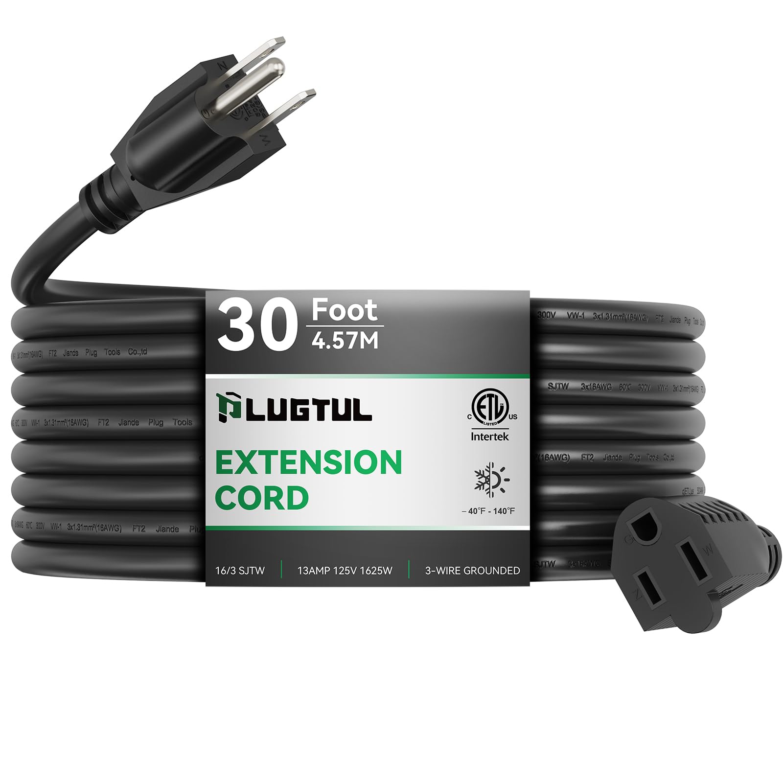 Plugtul Extension Cord 30 Ft, 16/3 Outdoor Extension Cord Waterproof, Heavy Duty 3 Prong Extension Cord Black, 13A 1625W Sjtw, E