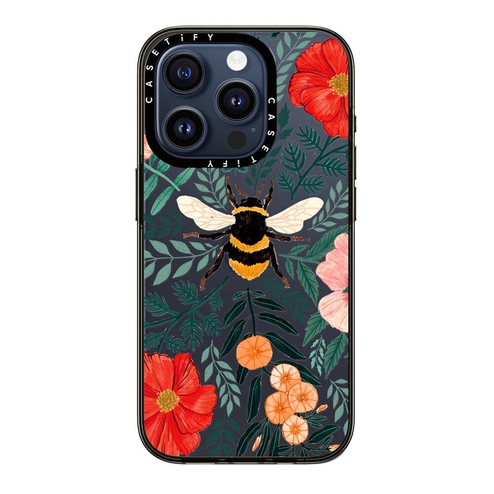 Casetify Compact Iphone 15 Pro Case [2X Military Grade Drop Tested / 4Ft Drop Protection]   Bee In The Flowers   Clear Black