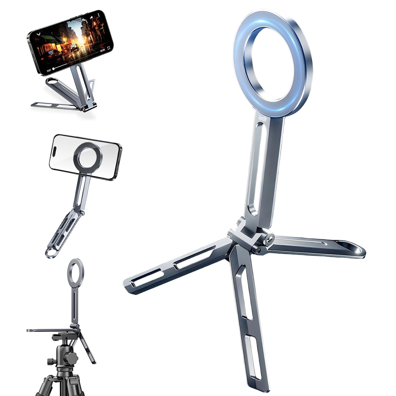 Repmidfer Ultra Light Aluminium Magnetic Phone Tripod Stand for iPhone 17 Air 16 Pro Max, Foldable Magnetic Phone Holder, Pocket