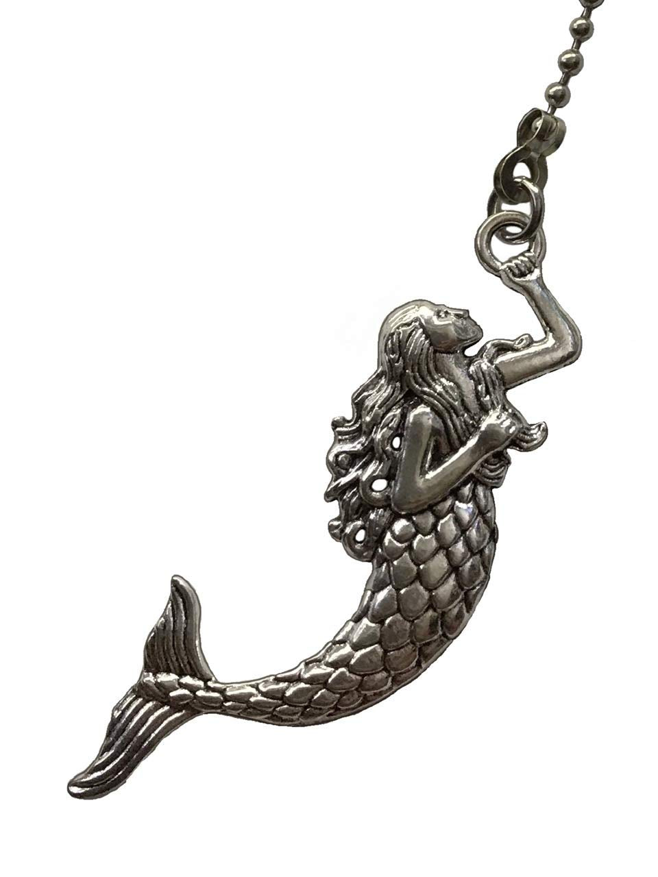Large Mermaid & Sand Dollar Fan Light Pull Chain Ornament Extender Set Silver Tone