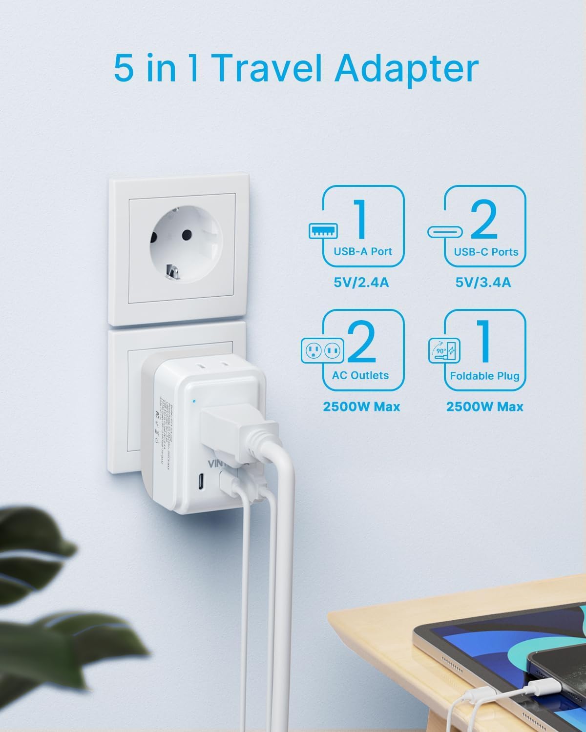 [3 Pack] Type E F Plug Adapter,Vintar Schuko Germany France Power Adapter With 2 American Outlets 3 Usb Ports(2 Usb C),5 In 1 Ty