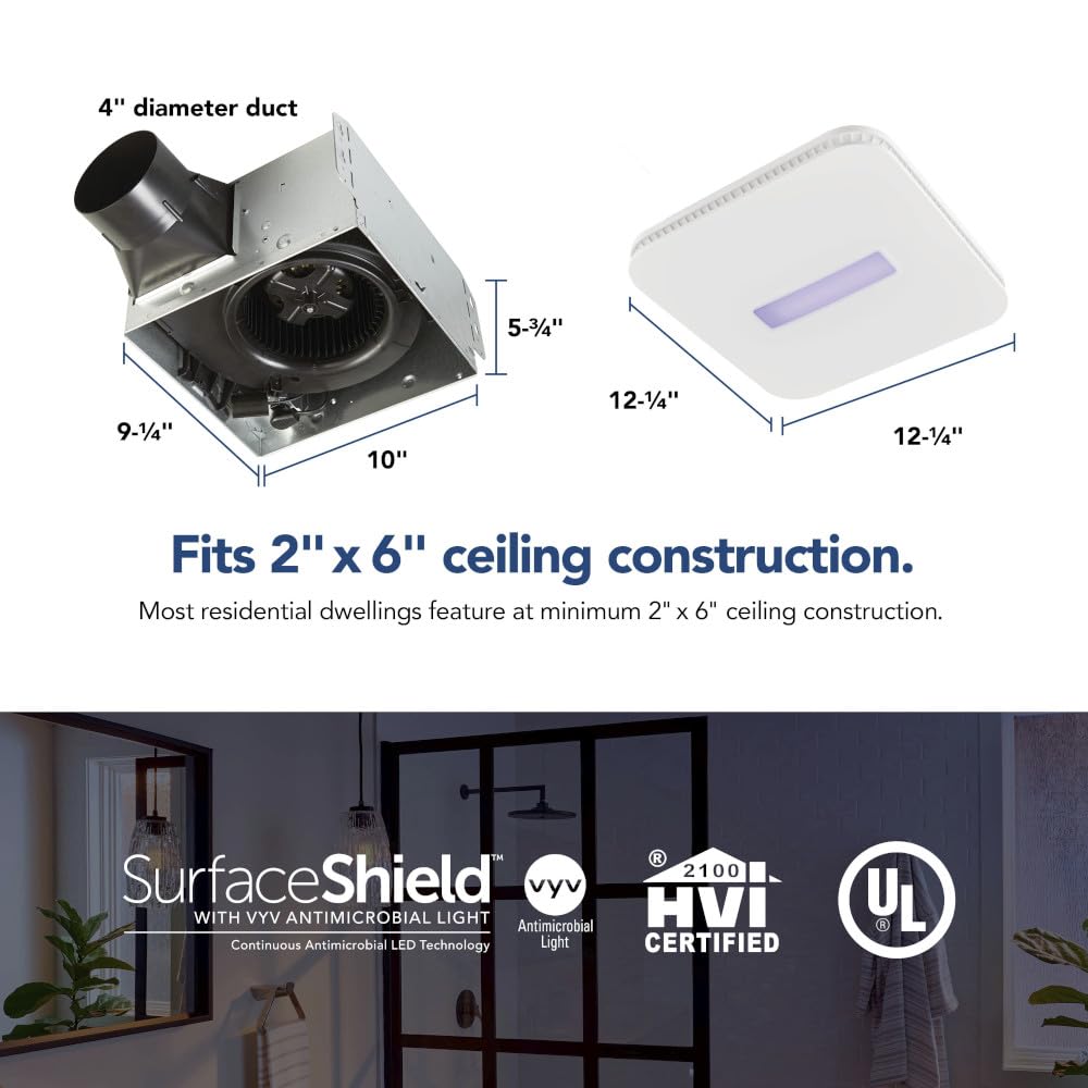 Broan Nutone Ar110Lkvv Surfaceshield Vital Vio Powered Exhaust Vent Led White Light & Violet Light, 110 Cfm, White