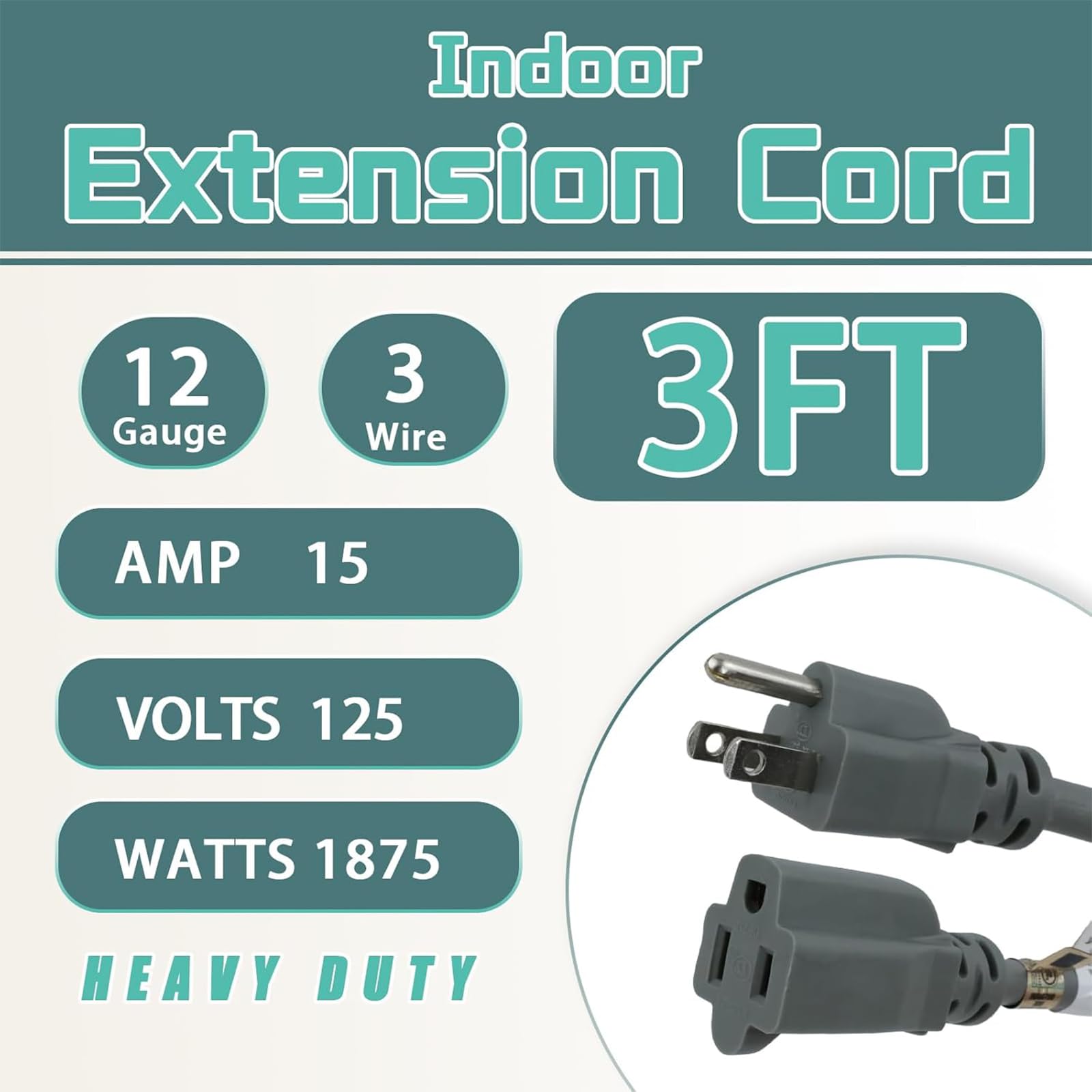 Greatide 3 Ft Extension Cord   12/3 Sjtw Heavy Duty Grey Extension Cable With 3 Prong Grounded Plug   Power Cord For Lawn, Garde