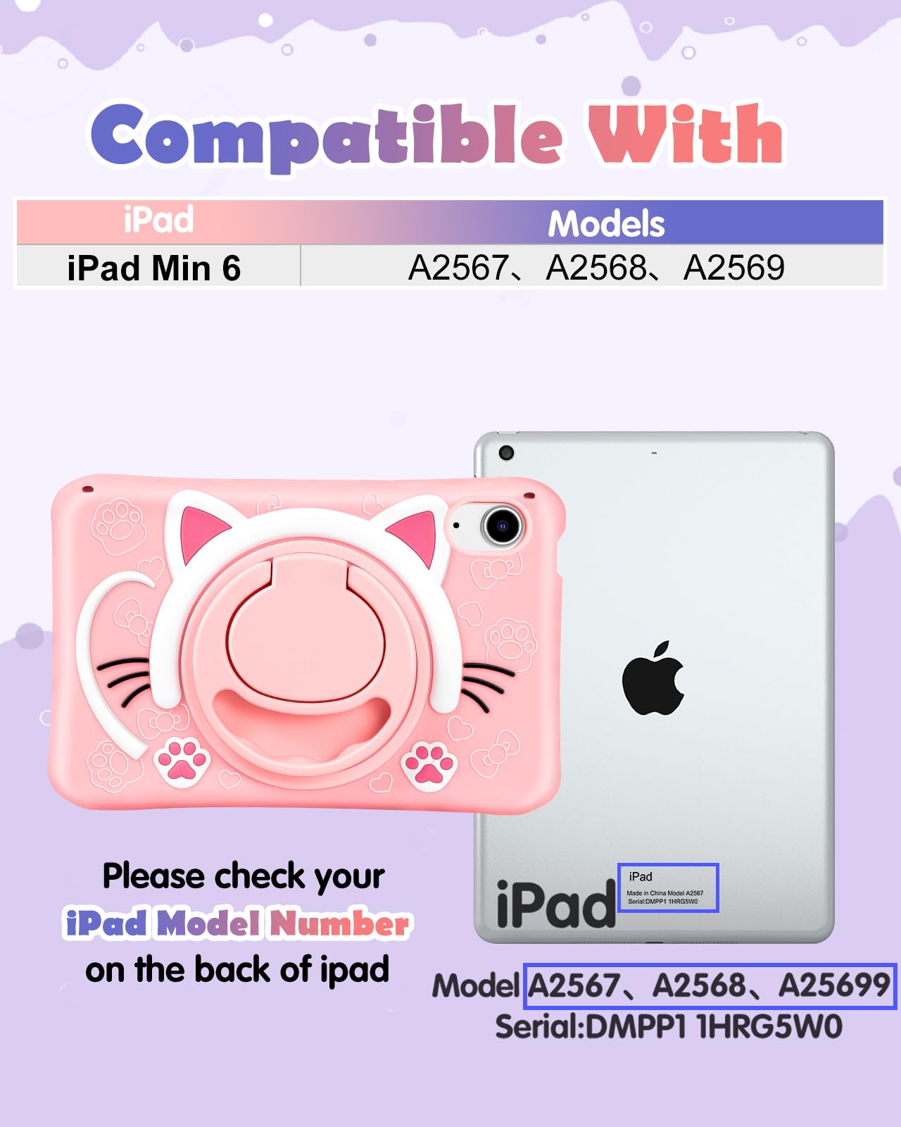 Wazzasoft For Ipad Mini 6 Case 8.3 Inch Girls Cute Cat Kawaii Cover Girly 3D Cartoon Women Kitten With Rotating Handle Stand & S