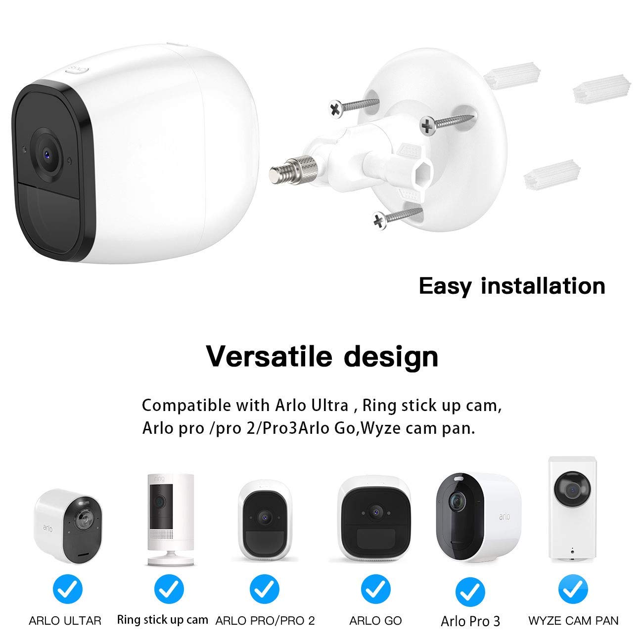 Koroao ?Latest Version? Indoor/Outdoor Security Wall Mount For All Arlo Camera, Wyze Cam Pan/V3, Arlo Ultra, Arlo Essential, Eufycam 2   More Stable And Flexible Arlo Accessories(2Pack, White)