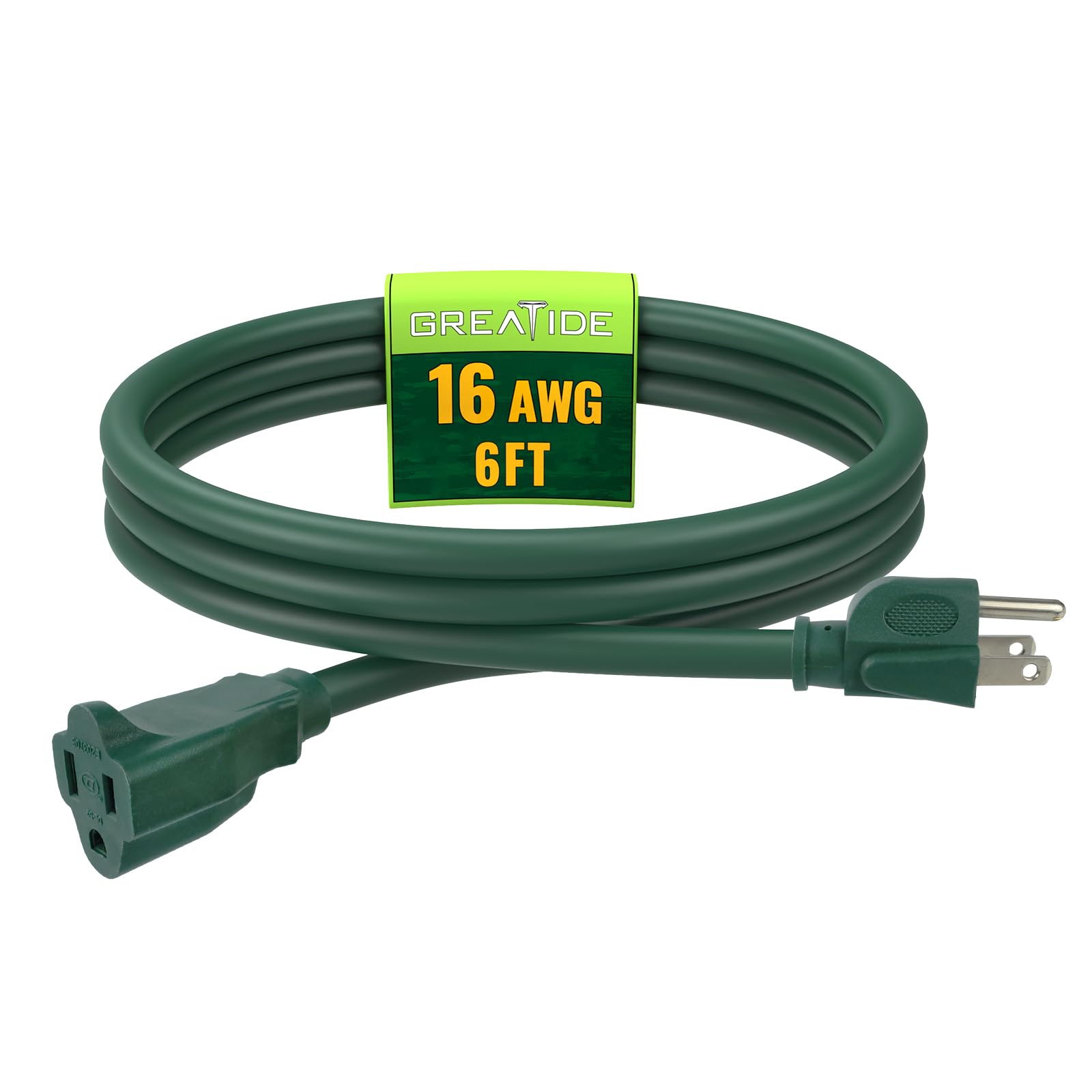 Greatide Indoor Outdoor Extension Cord 6 Ft, 16/3 Sjtw Weatherproof Green Electrical Cords, 13 Amp Heavy Duty 3 Prong Power Cabl